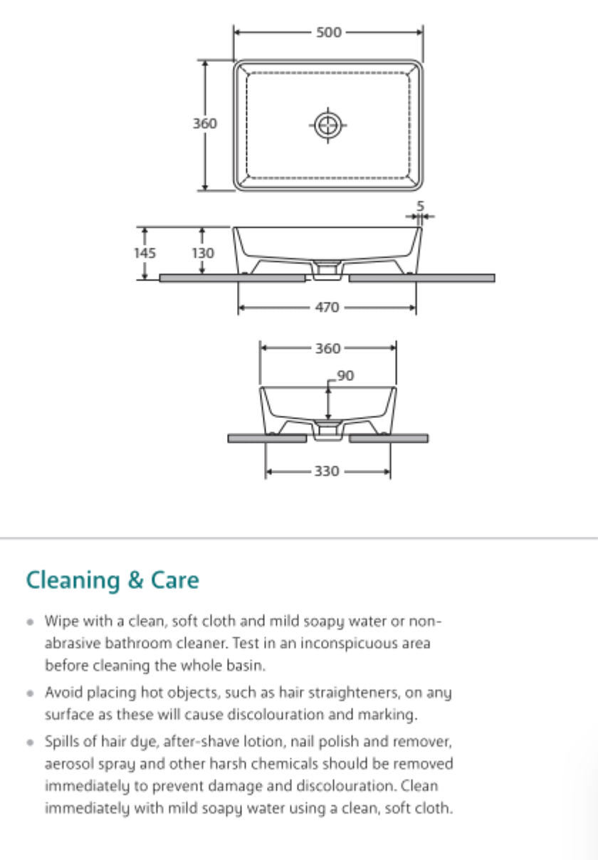 Fienza 606200W White Rectangular Above Counter RAK Basin - Modern Bathroom Sink for Vanity, Powder Room & Guest Bath Installation