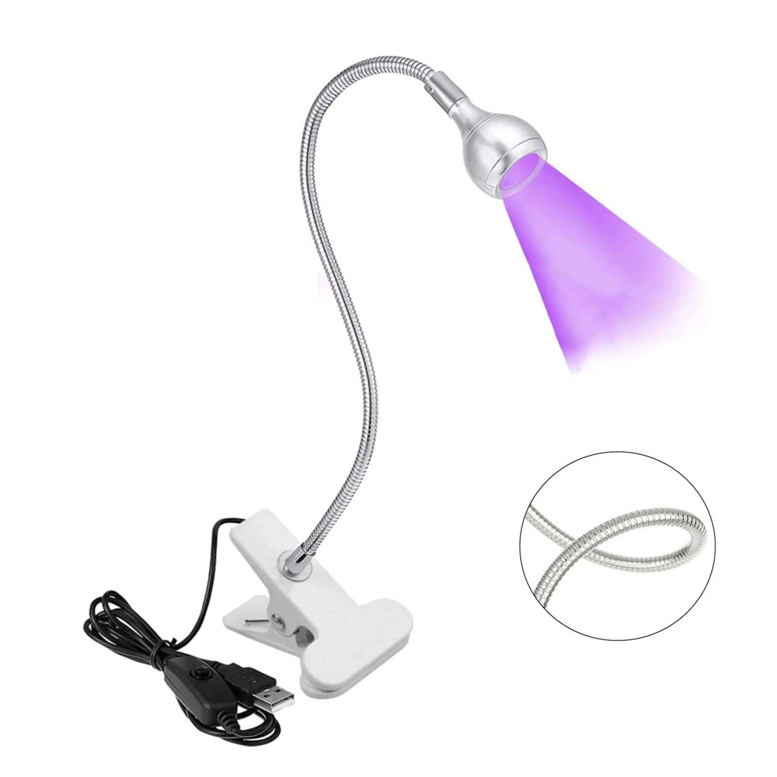 UV LED Gooseneck Desk Lamp with Clamp - Portable 5V USB Nail Curing Light for Gel Polish, Outdoor Stalls & Home Salon Use (Silver, Round Head) - Perfect for Nail Artists, DIY Enthusiasts & Small Business Owners