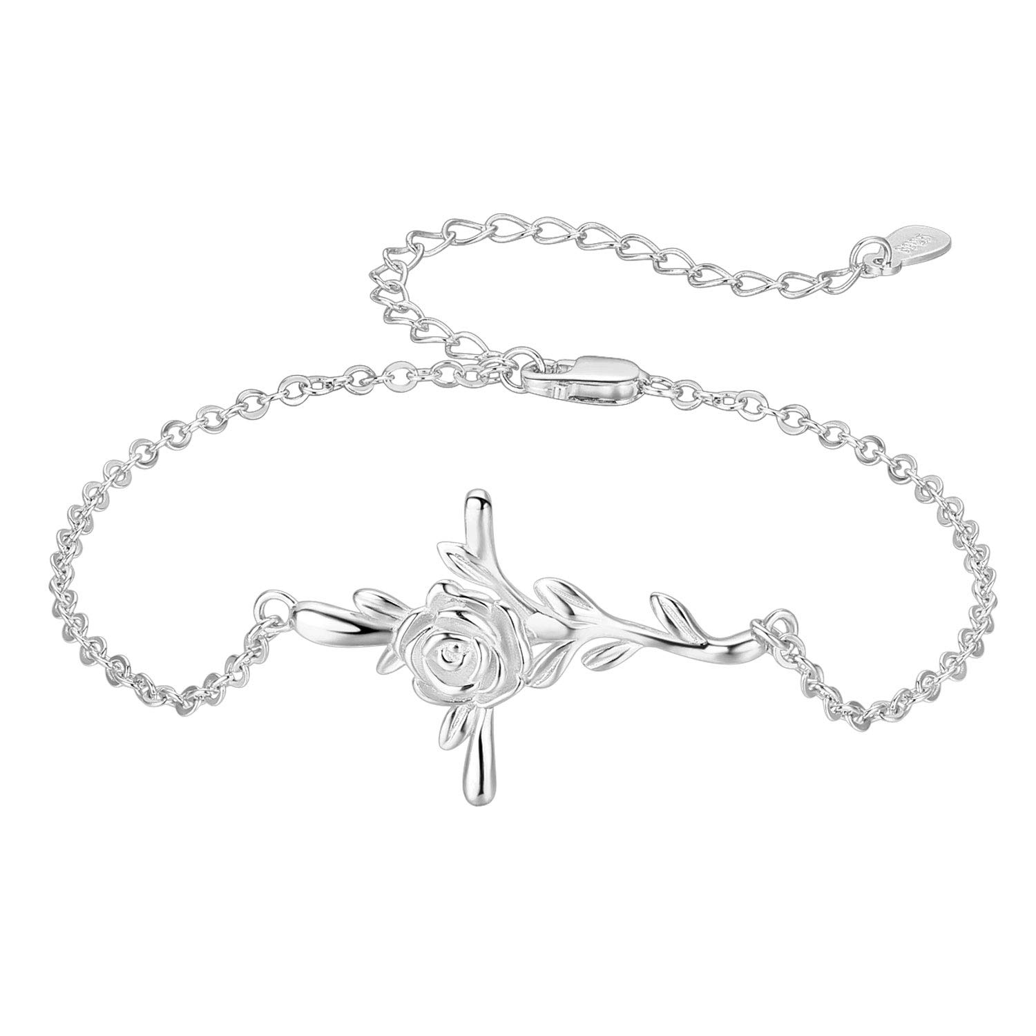 CUOKA MIRACLE Cross Rose Charm Bracelet - S925 Sterling Silver Rose Flower Crucifix Bracelet for Women & Teens - Elegant Religious Jewelry Gift for Easter, Baptism & Church Occasions
