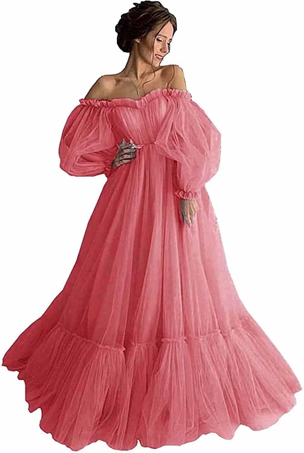 Elegant Off Shoulder Long Ruffle Sweetheart Tulle Ball Gown with Puffy Sleeves - Women's Prom Dress for Formal Events, Weddings & Special Occasions