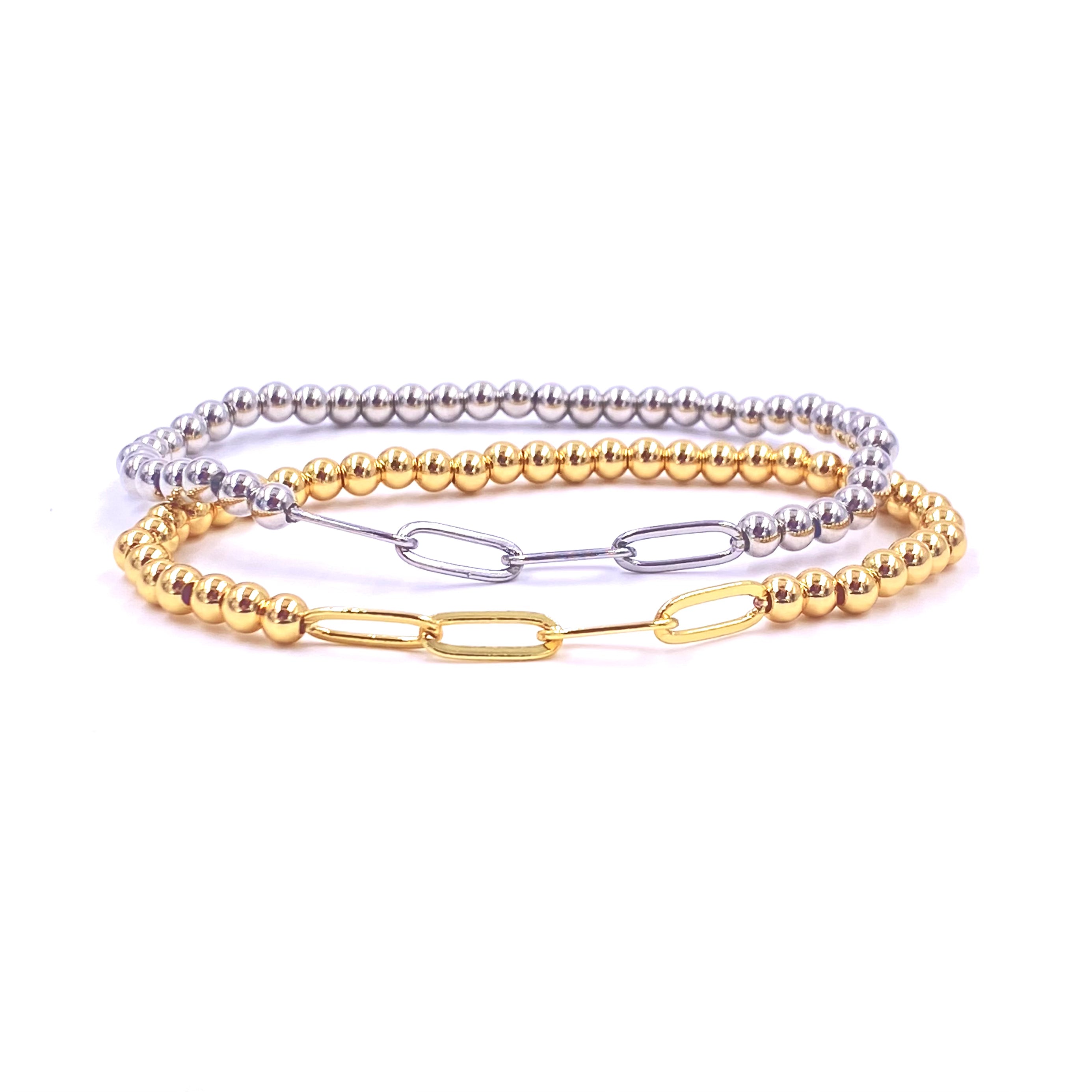 Ashley Gold Stainless Steel Beaded & Chain Stretch Bracelet for Women - Elegant Adjustable Jewelry for Parties, Weddings & Everyday Wear