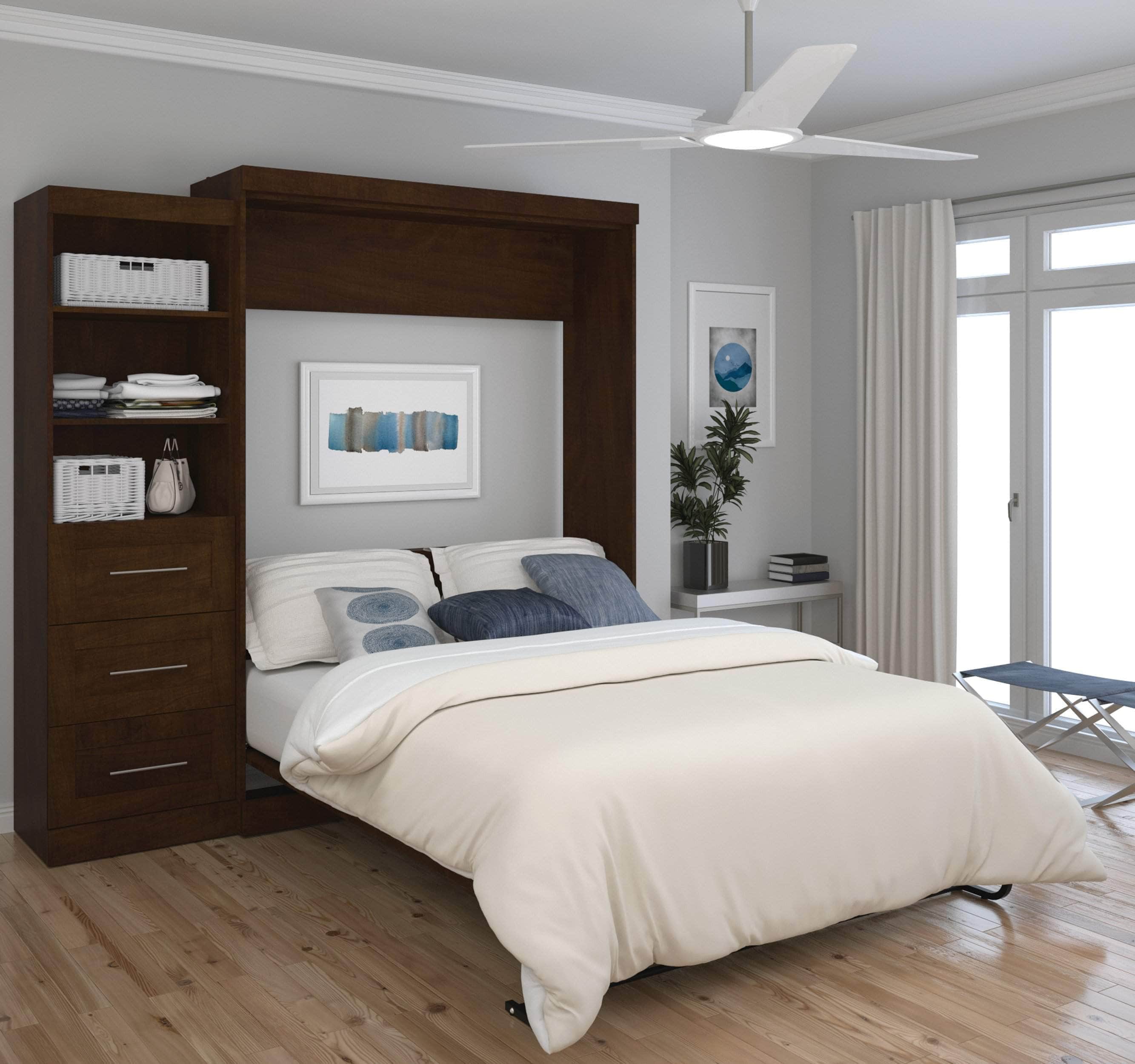 Queen Murphy Wall Bed with Storage Drawers - Space-Saving Foldable Bed for Small Rooms, Apartments & Guest Rooms (90