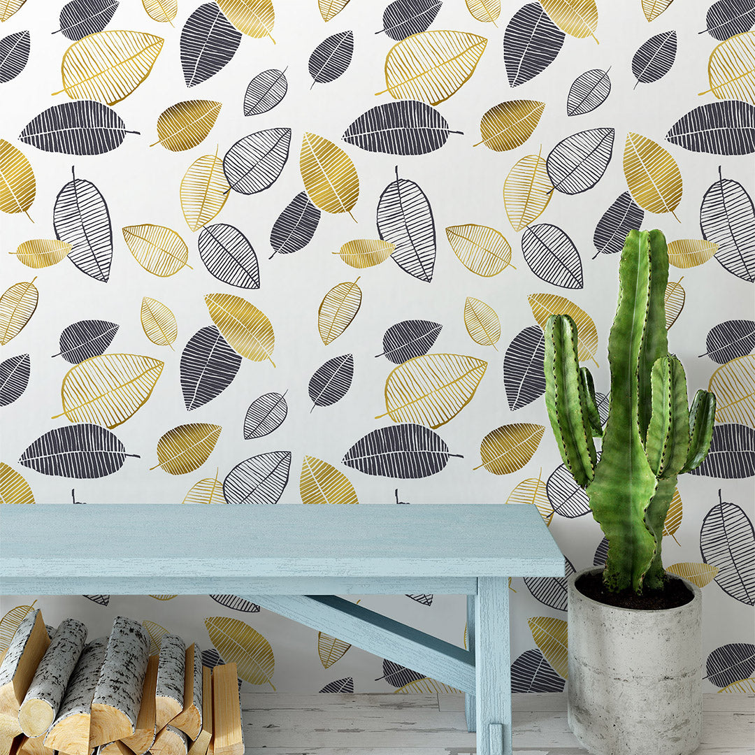 Hand Drawn Leaves Wallpaper CC164 - Botanical Peel and Stick Wallpaper for Bedroom, Living Room & Nursery - Self-Adhesive Removable Wall Decals
