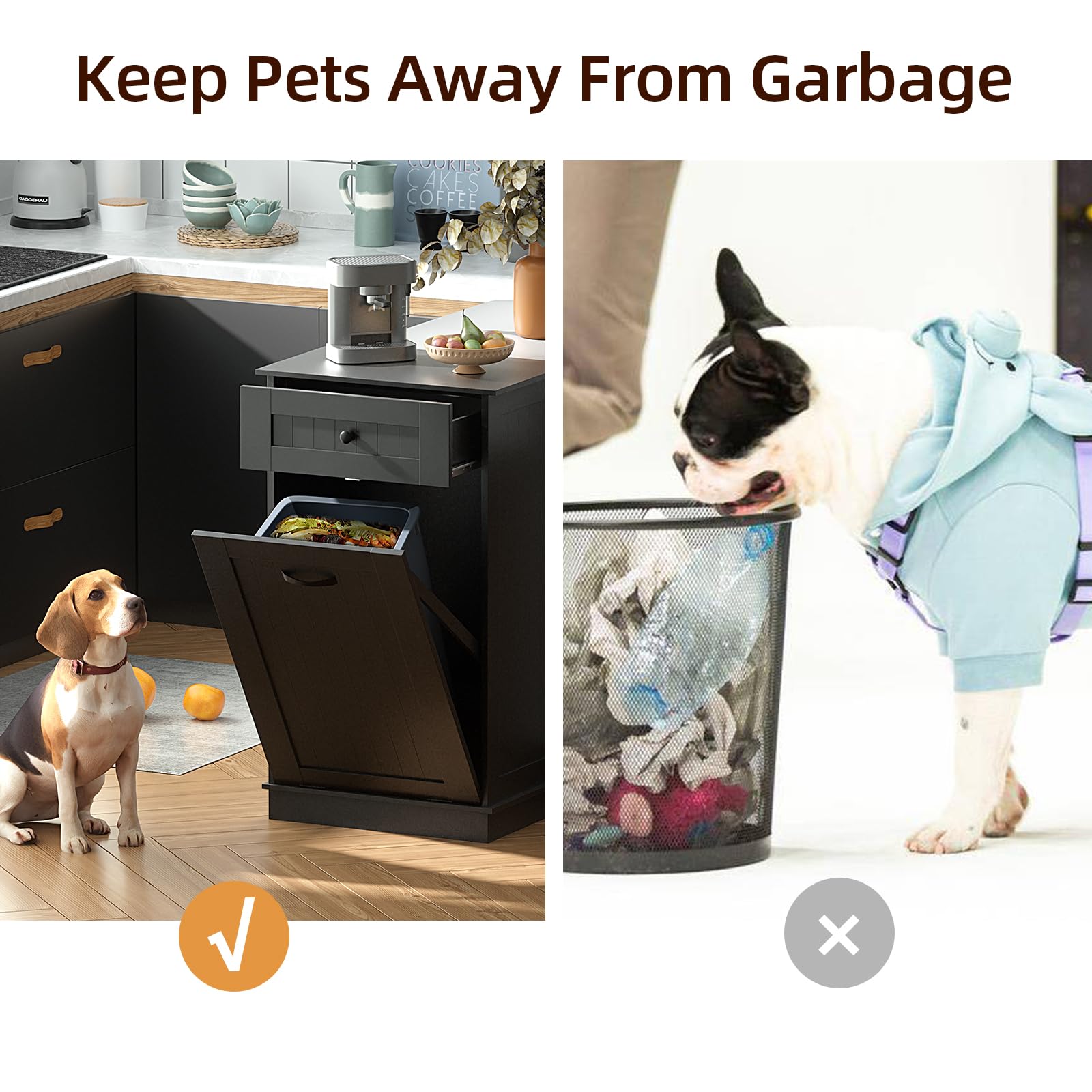 Wooden Tilt-Out Trash Cabinet - Dog Proof Garbage Can Holder with Laundry Hamper - Kitchen Island Organizer in Black - Perfect for Pet Owners & Small Space Kitchens