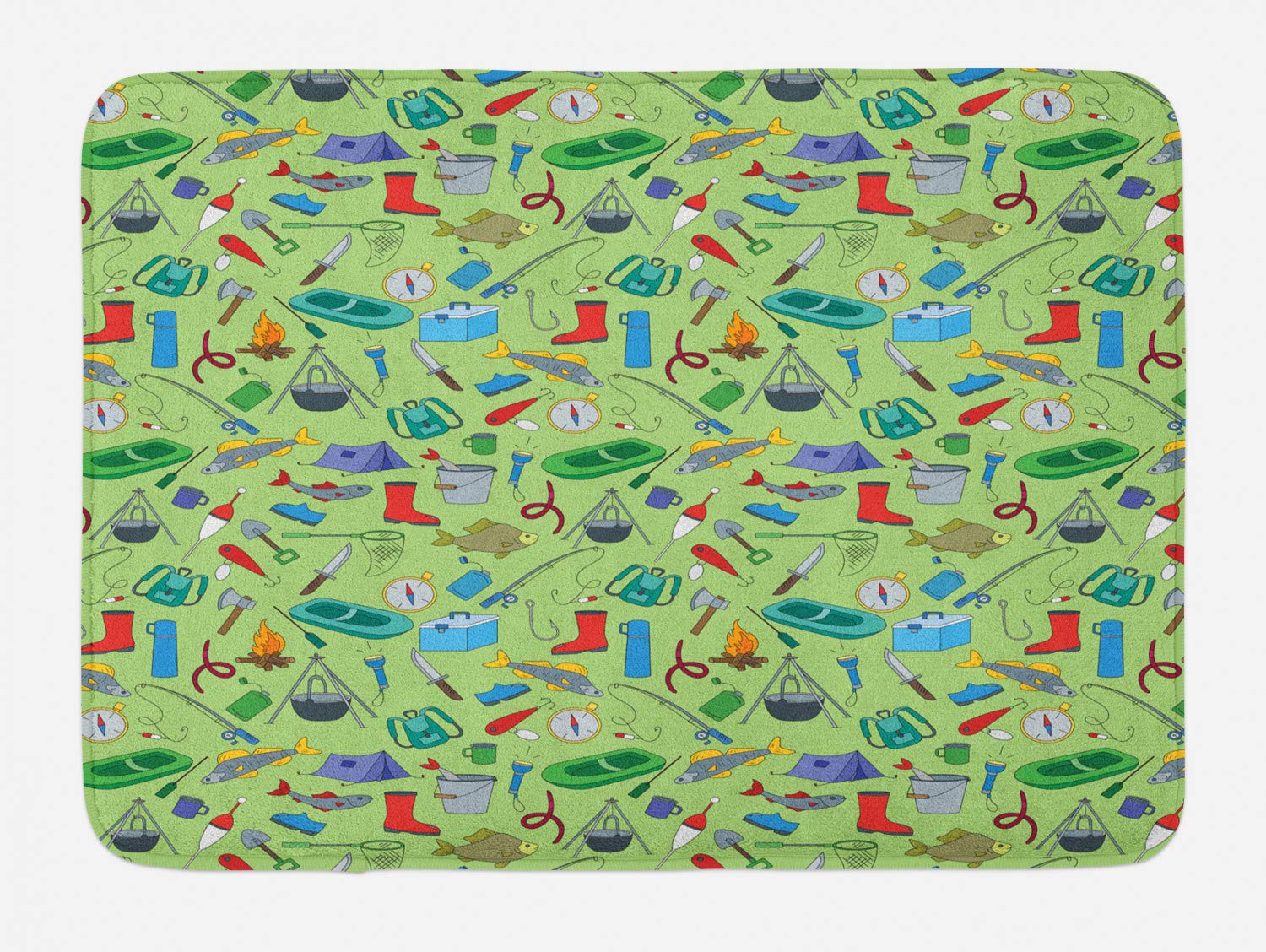 Ambesonne Non-Slip Fishing Theme Bath Mat - Angling, Camping, Rods, Bags, Tents, Fishes & Boats Design - Soft Plush Bathroom Decor Rug 30.2 x 20 Inches Pastel Green Multicolor - Perfect for Angler's Bathroom, Cabin or Fishing Lodge Decor