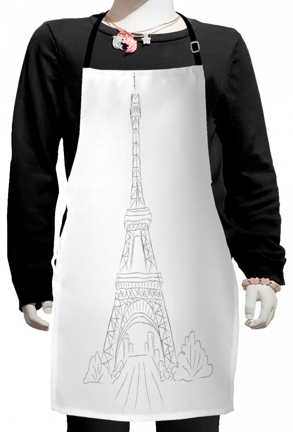 Ambesonne Eiffel Tower Apron - Adjustable Bib Kitchen Apron for Baking, Painting & Cooking | Pencil Sketch Design of Famous Paris Monument | Small Size in Dark Taupe Grey White | Perfect for Home Chefs, Artists & French-Themed Parties