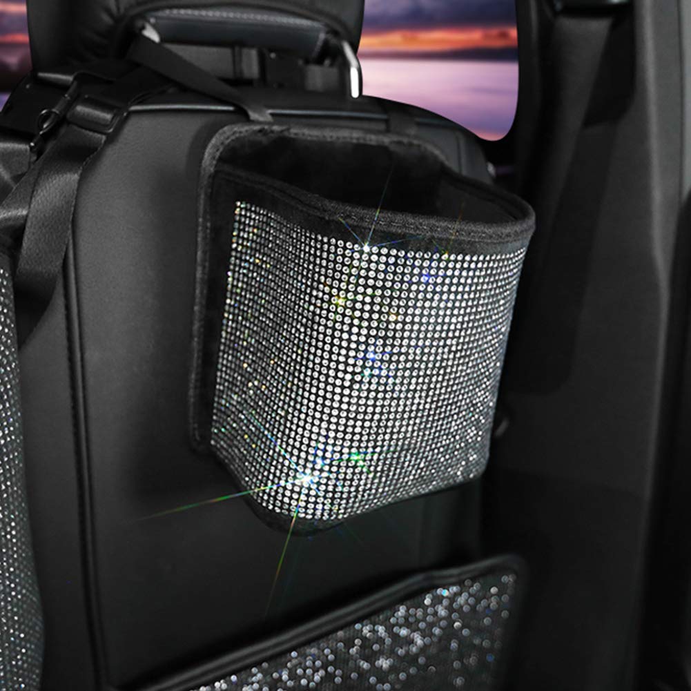 Bling Car Handbag Holder & Backseat Organizer - 3-Pack Rhinestone Auto Seat Storage Bags with Net Pockets & Trash Can (Plush, Pure White) - Perfect for Organizing Purses, Phones & Snacks in Your Car
