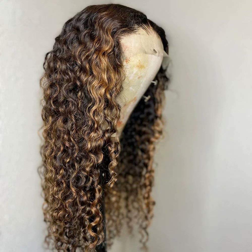180% Density Ombre Blonde 1B/27 Color Curly Human Hair Wigs for Black Women - Deep Wave HD Lace Front Wig with Highlight - 13x6 Lace Frontal Pre Plucked Bleached Knots - 18 Inch - Perfect for Daily Wear, Parties & Special Occasions