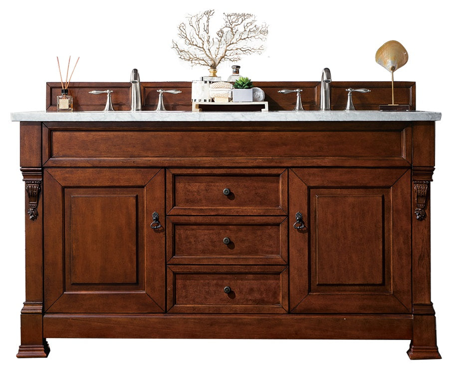 Brookfield 60 Inch Double Bathroom Vanity with Warm Cherry Finish & 3CM Eternal Jasmine Pearl Quartz Top - Perfect for Master Bathroom, Guest Bath, or Luxury Home Renovation
