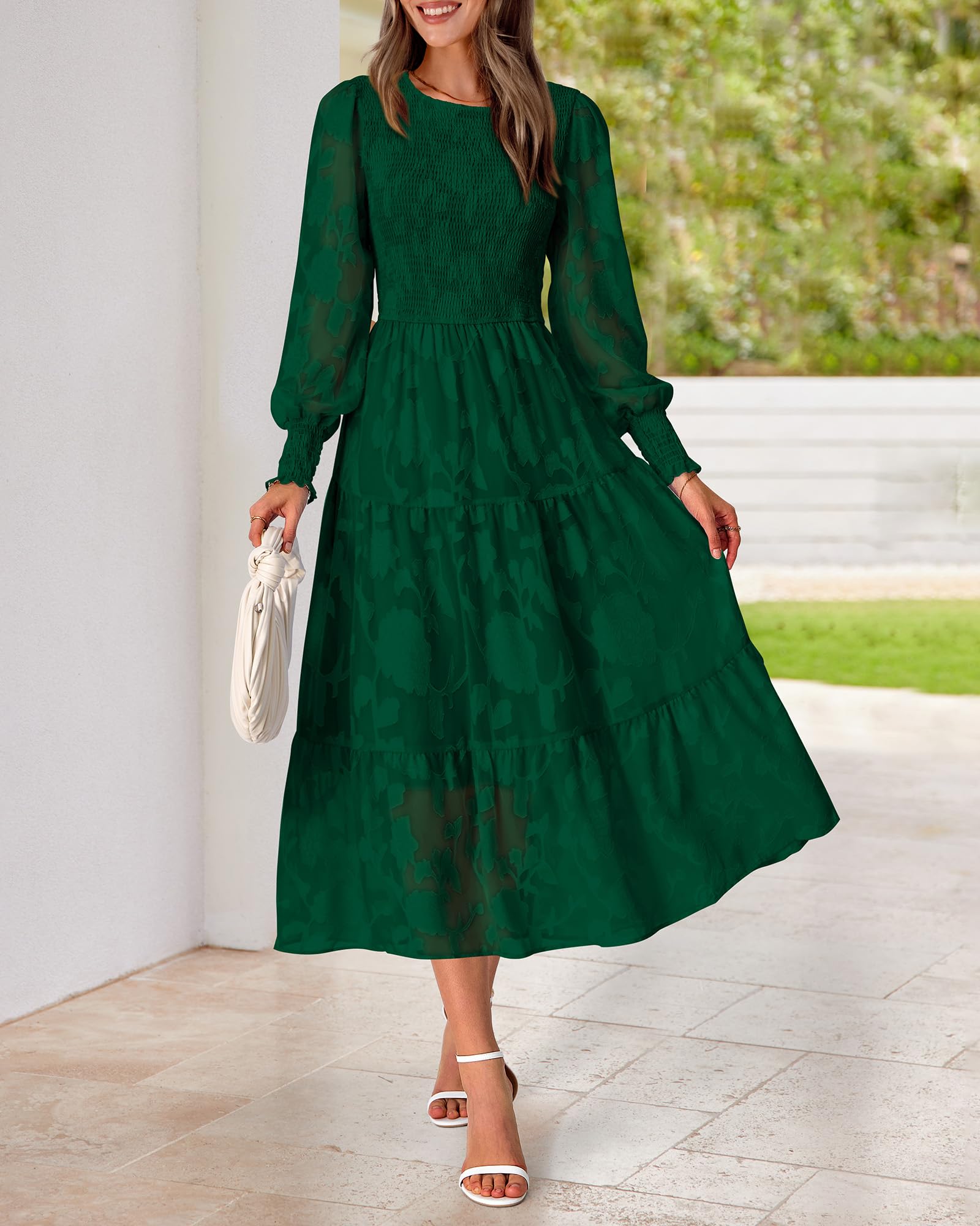 BTFBM Women's Elegant Floral Midi Dress - Long Sleeve Bohemian Wedding Guest Dress for Spring 2025 | Perfect for Garden Parties, Bridal Showers & Formal Events