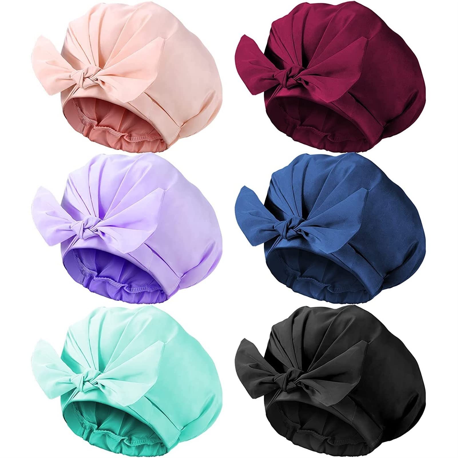 TOPOB 6 Pack Waterproof Shower Caps for Women - Reusable Elastic Bowknot Bath Hair Caps, Solid Color Shower Head Cover for Spa, Swimming, Hair Styling & Salon Use (Large Size)