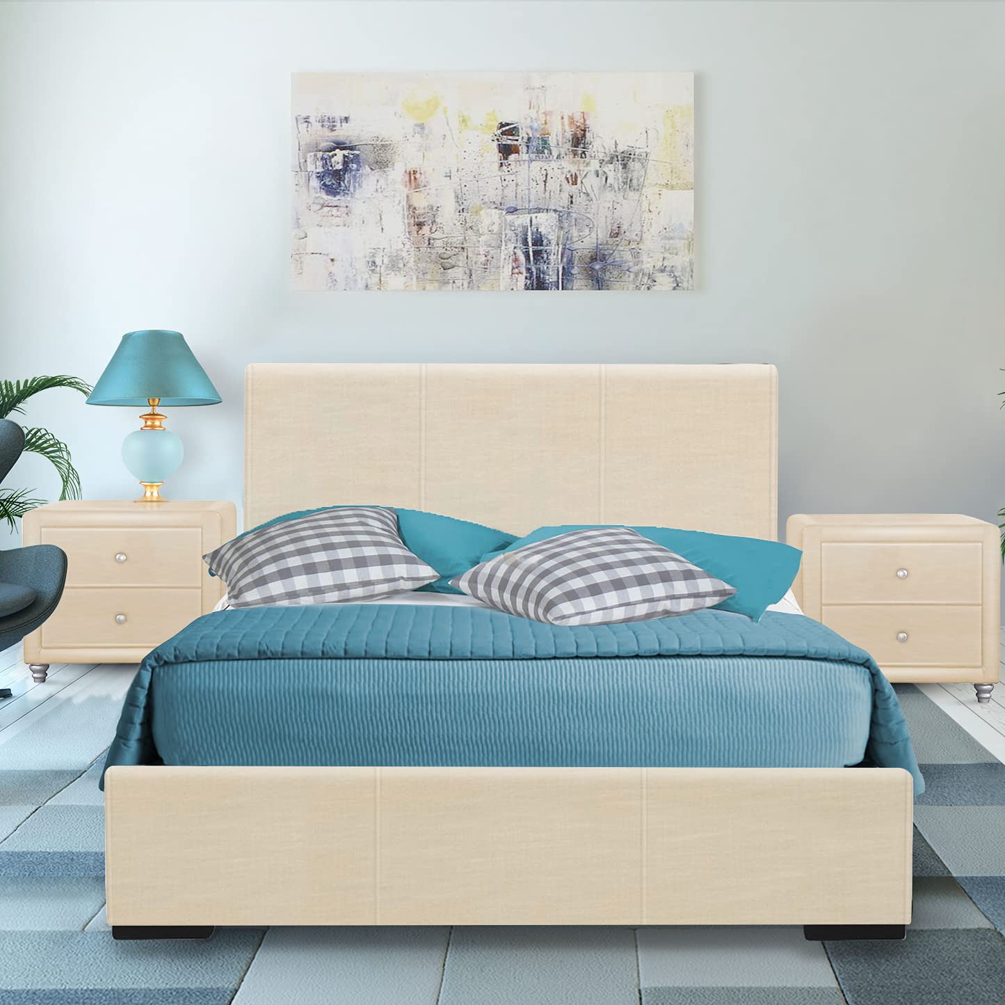 Camden Isle Upholstered Platform Bed Frame - Queen, Beige | Low-Profile Design with Full Slat Support for Bedroom