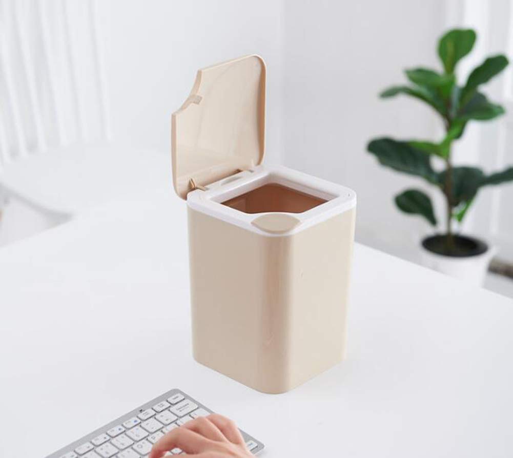 Hflove Mini Plastic Table Top Press Trash Can - Small Countertop Garbage Bin for Kitchen, Office, or Bathroom (Khaki) | Compact Waste Basket for Desks, Sinks, and Workstations