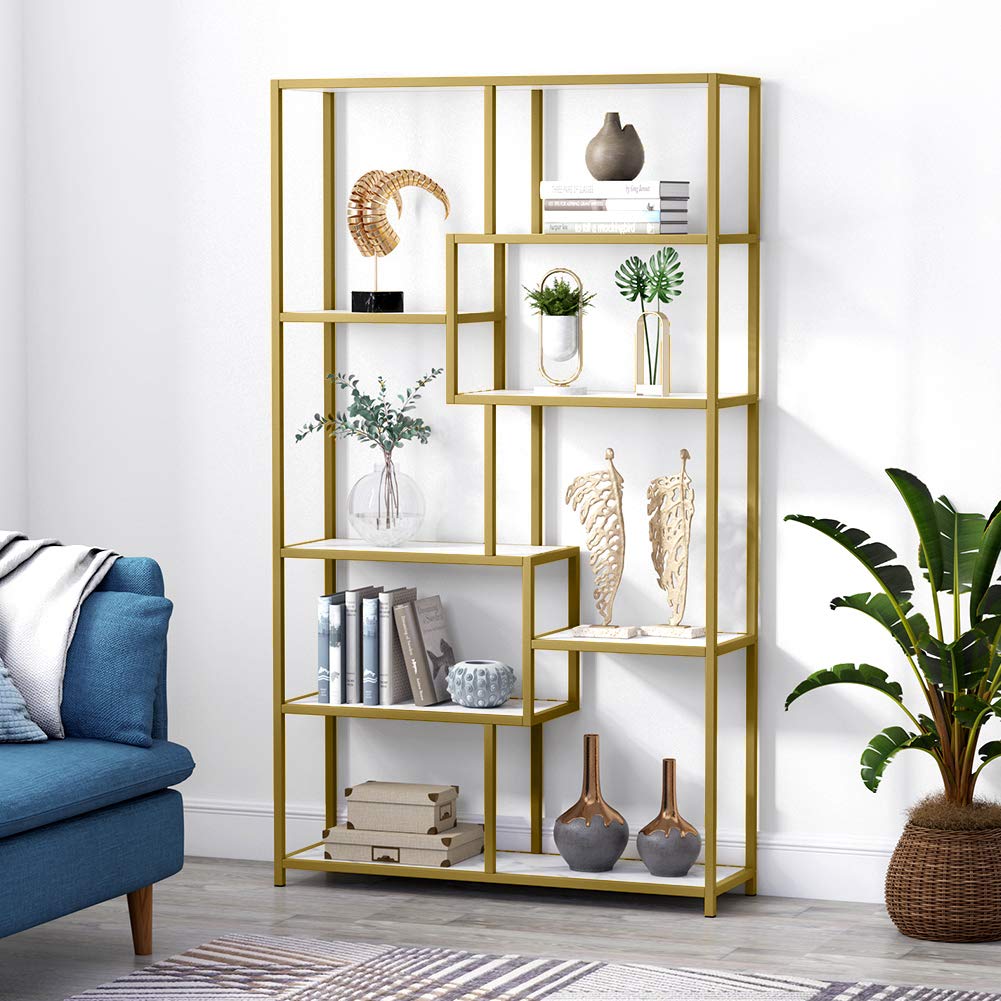 Tribesigns Modern 8-Tier Open Shelf Bookcase with Faux Marble Top - Gold Metal Frame Book Shelf for Home Office, Living Room & Bedroom - Stylish Storage Organizer for Books, Decor & Display Items