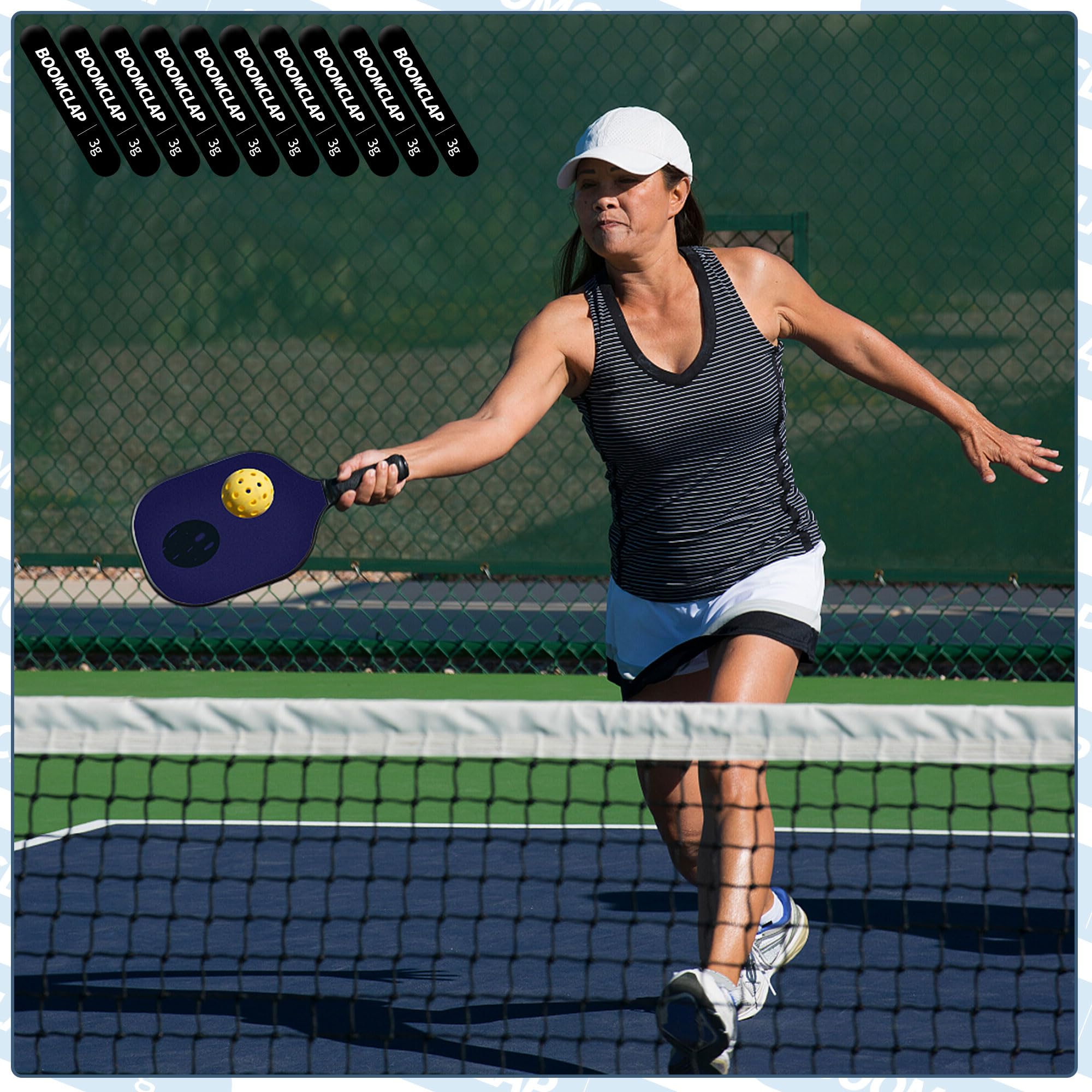 BOOMCLAP 10-Pack 3g Pickleball Lead Tape Strips - Weighted Tungsten Tape for Paddles to Boost Power & Swing Speed - Edge Guard Application - Black - Perfect for Tournament Play & Practice Sessions