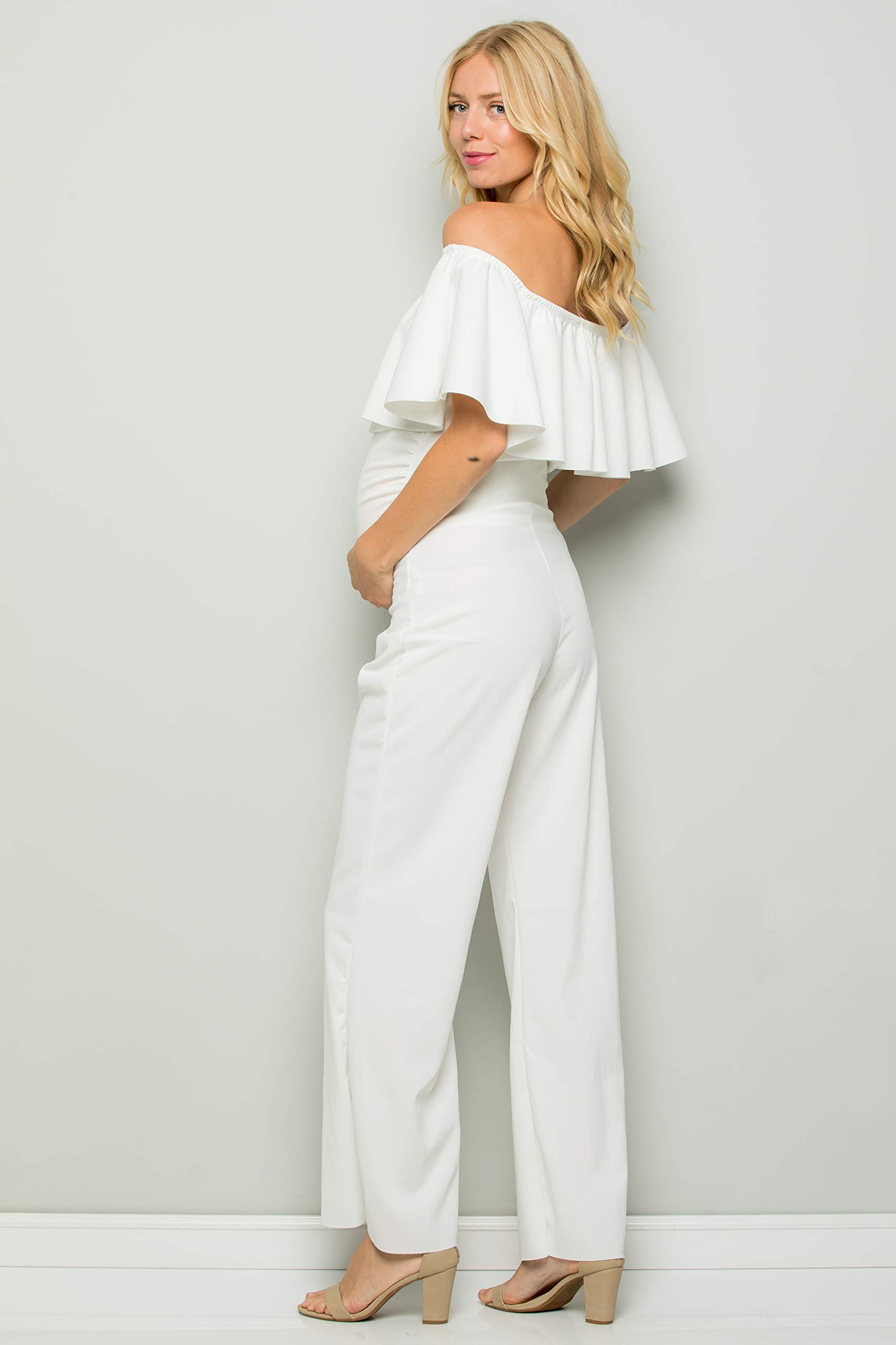 My Bump Maternity Ruffle Off Shoulder Jumpsuit - Made in USA | Comfortable Pregnancy Outfit for Baby Shower, Maternity Photos & Special Occasions