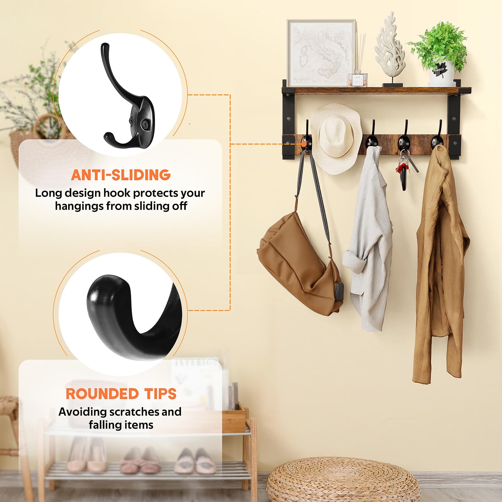 Wall Mounted Coat Rack with Shelf - Space Saving Entryway Organizer for Coats, Backpacks, Keys & Clothes - Floating Wall Shelf Hanger for Living Room, Bathroom, Bedroom & Kitchen Decor