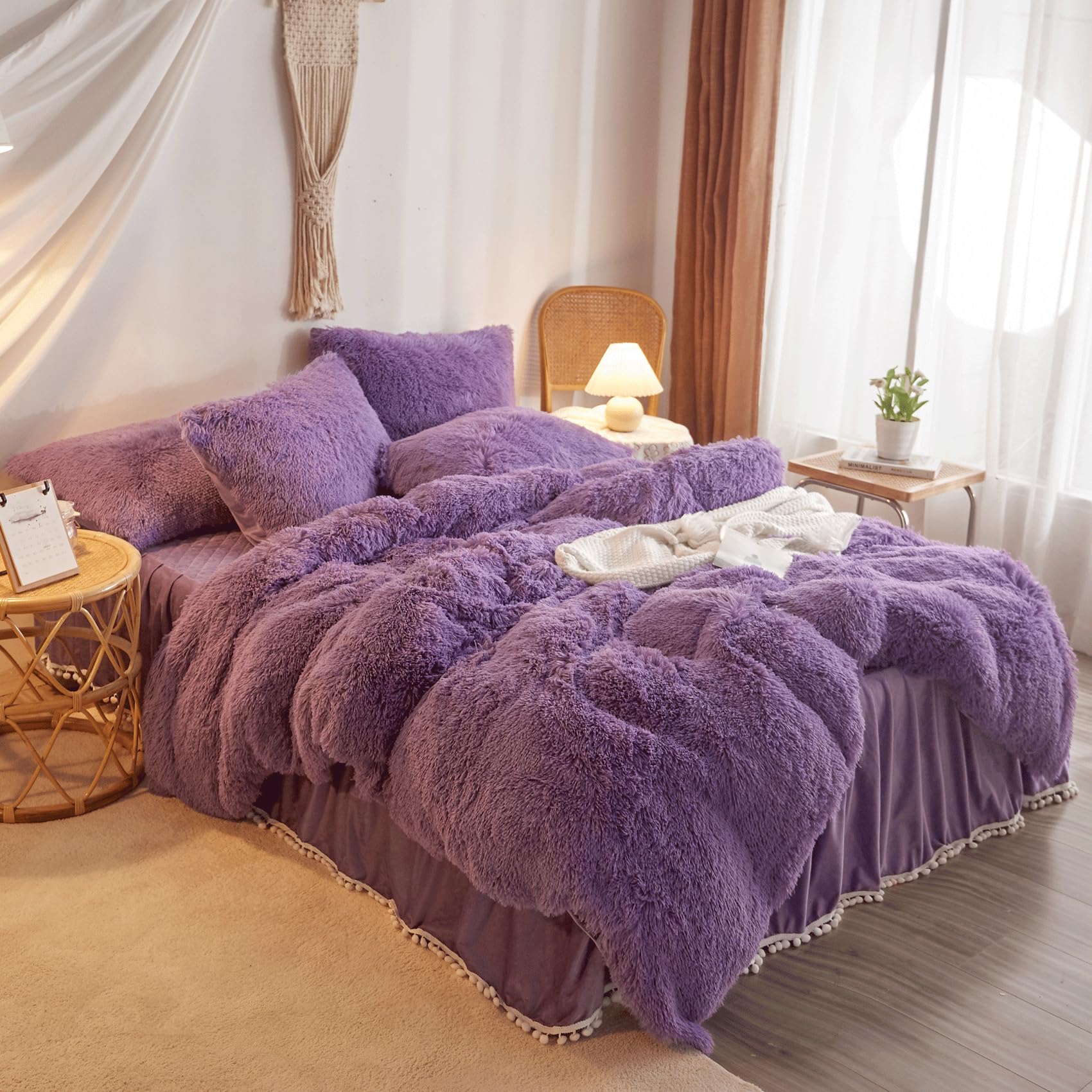 Soft Fluffy Purple Comforter Cover Set Queen Size - 3 Piece Plush Bedding Set (1 Faux Fur Duvet Cover + 2 Shaggy Pillowcases) - Cozy Winter Bedroom Decor for Girls & Women