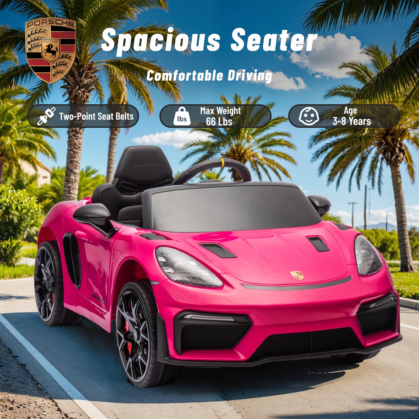 12V Licensed Porsche 718 Kids Electric Ride-On Car with Parent Remote Control, LED Lights, Music Player & Durable Tires - Pink | Perfect for Birthday Gifts, Outdoor Play & Learning Driving Skills