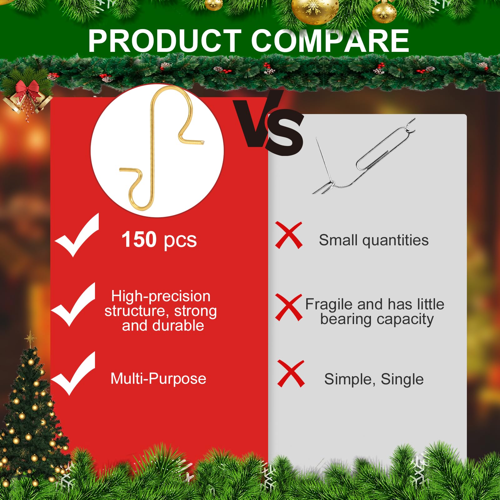150 Pcs Christmas Ornament Hooks - Heavy Duty Non-Slip Tree Hangers for Xmas Decorations, Includes Storage Box - Perfect for Holiday Decorating, Gift Wrapping & Party Decor