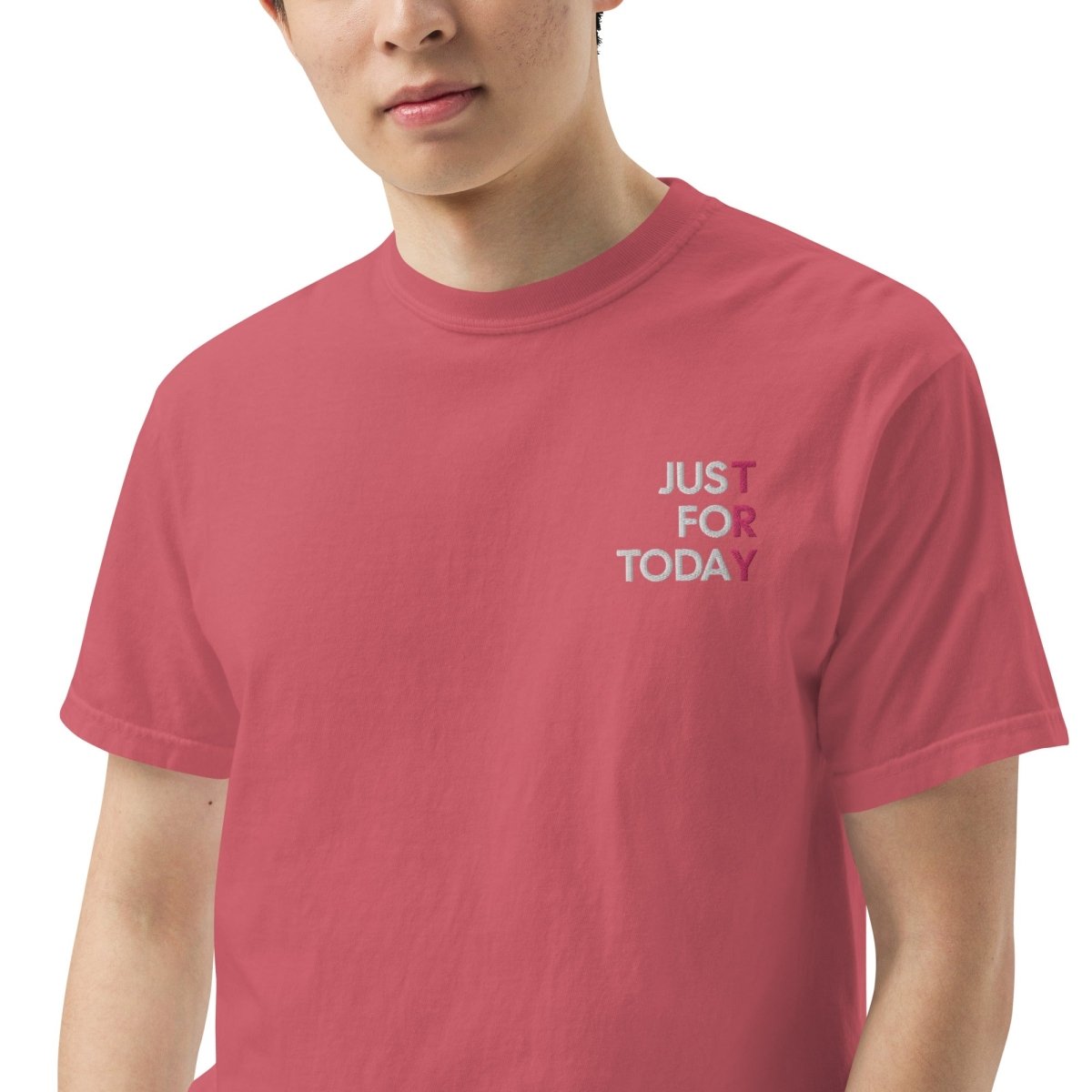 Just for Today Embroidered Heavyweight Cotton T-Shirt - Soft Pink Women's Casual Tee for Everyday Wear, Street Style & Lounge Outfits