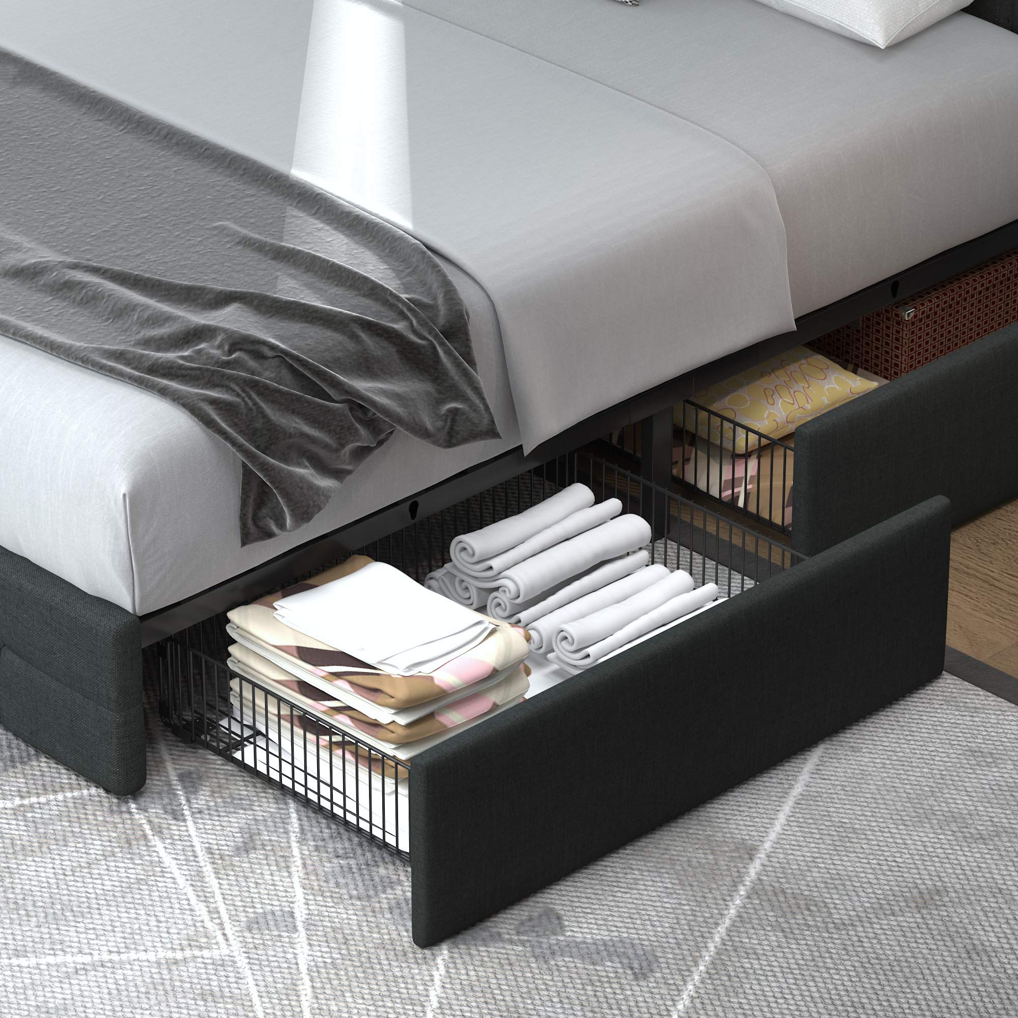 Allewie Full Size Upholstered Platform Bed Frame with 4 Storage Drawers & Headboard - Square Stitched Button Tufted Design, Wooden Slat Support (No Box Spring Needed) - Dark Grey - Perfect for Small Bedrooms, Guest Rooms & Space-Saving Storage Solutions