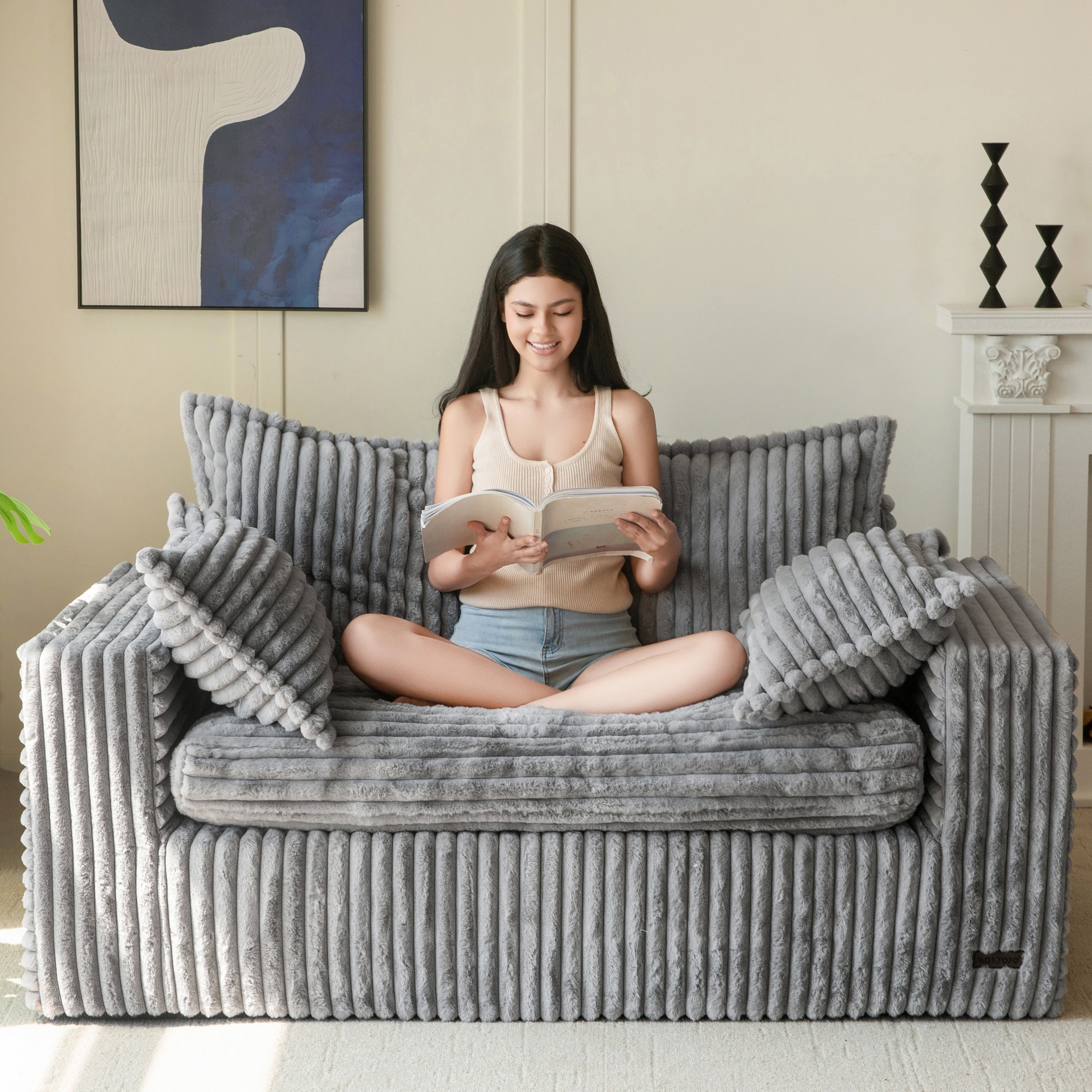 MAXYOYO Bean Bag Chair - Upholstered Loveseat Sofa with Deep Seating & Wide Armrests | No Assembly Boneless Couch in a Box | Perfect for Living Room, Bedroom, Office & Apartment | Dark Grey | Great for Relaxing, Lounging & Small Space Living