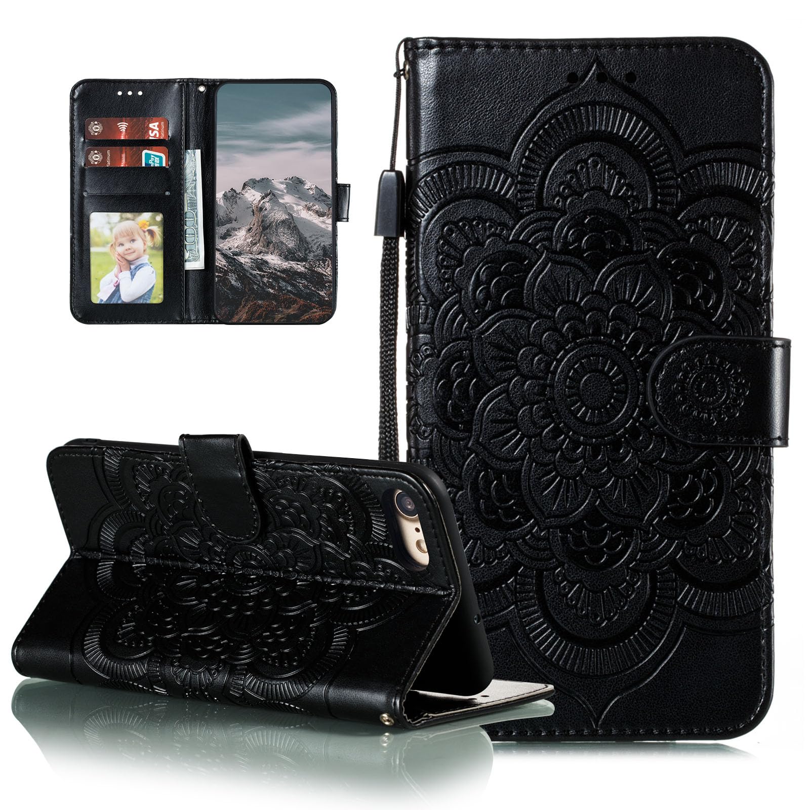 Premium Leather Mandala Flip Wallet Case for iPhone SE/7/8 - Magnetic Stand with Card Slots & Lanyard - Ultra Slim Embossed Cover (Black) - Perfect for Daily Use, Travel & Business Meetings