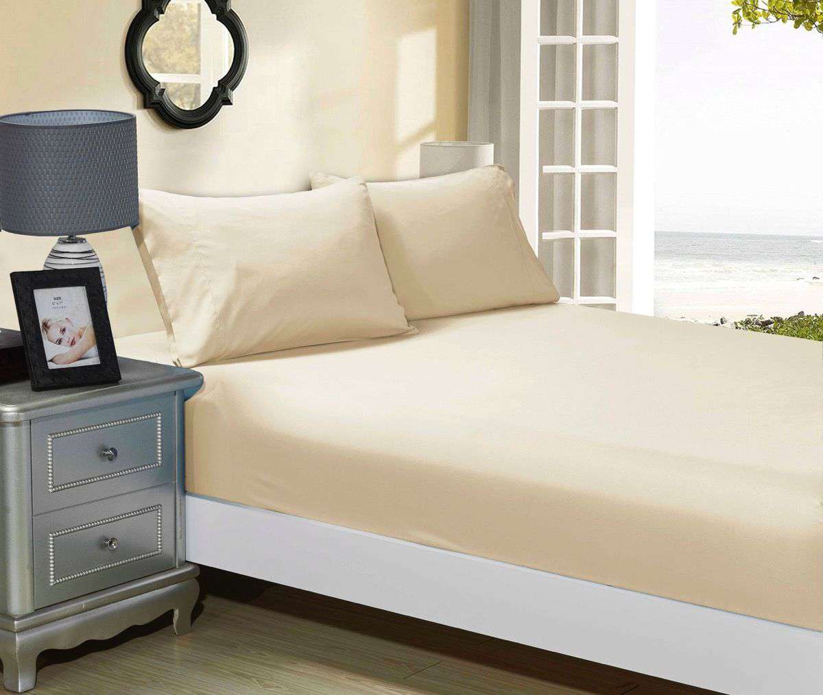 1000TC Ultra Soft Fitted Sheet & 2 Pillowcases Set - Queen Size Bedding - Beige Luxury Cotton - Perfect for Master Bedroom, Guest Room & Vacation Homes