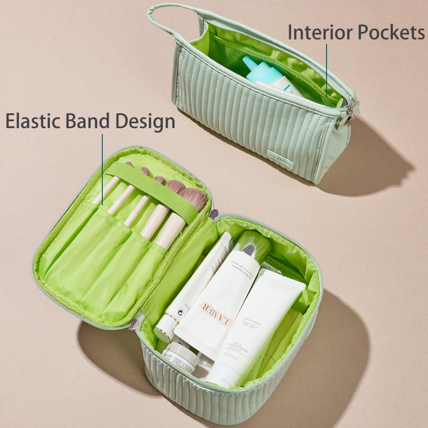 MIRASON 3-Piece Waterproof Makeup Bag Set for Women - Travel & Toiletry Organizer - Green PU Leather Cosmetic Pouch