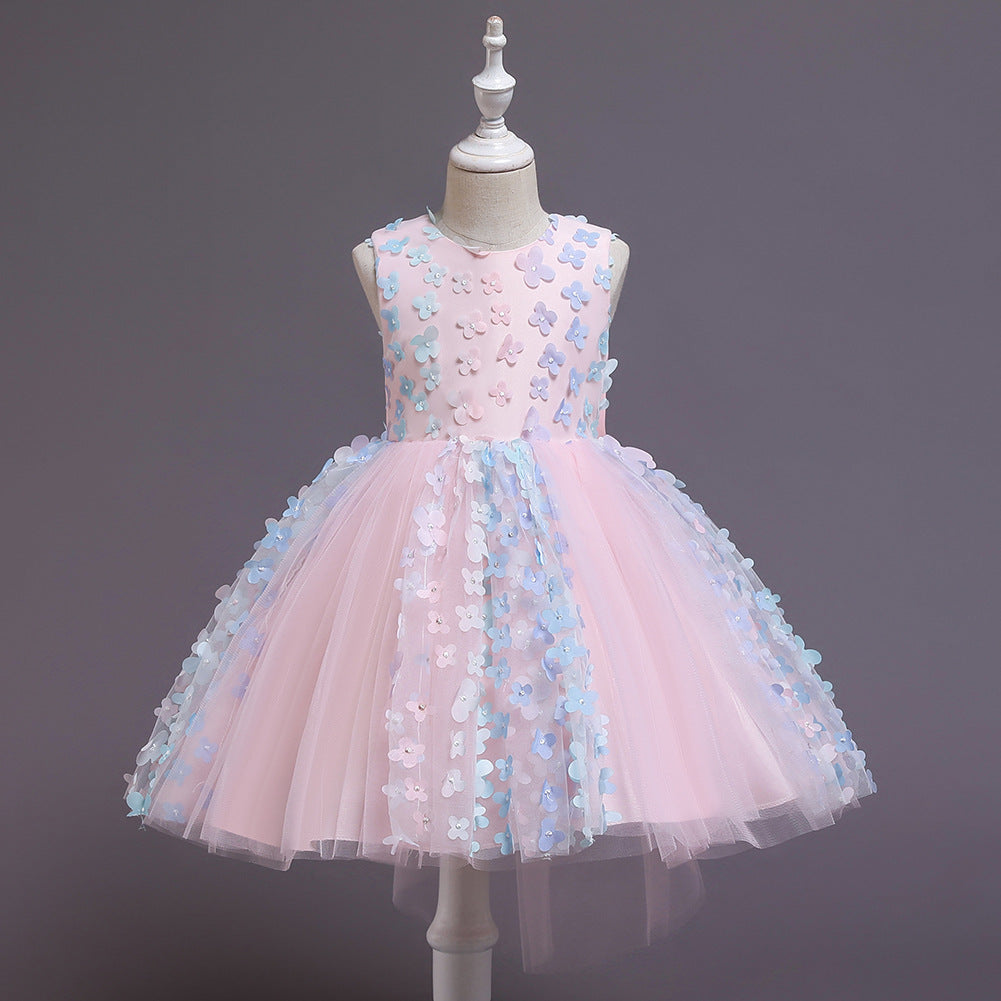 Elegant A-Line Tea Length Tulle Flower Girl Dress with Floral Appliques & Bow - Perfect for Weddings, Bridal Showers & Special Occasions