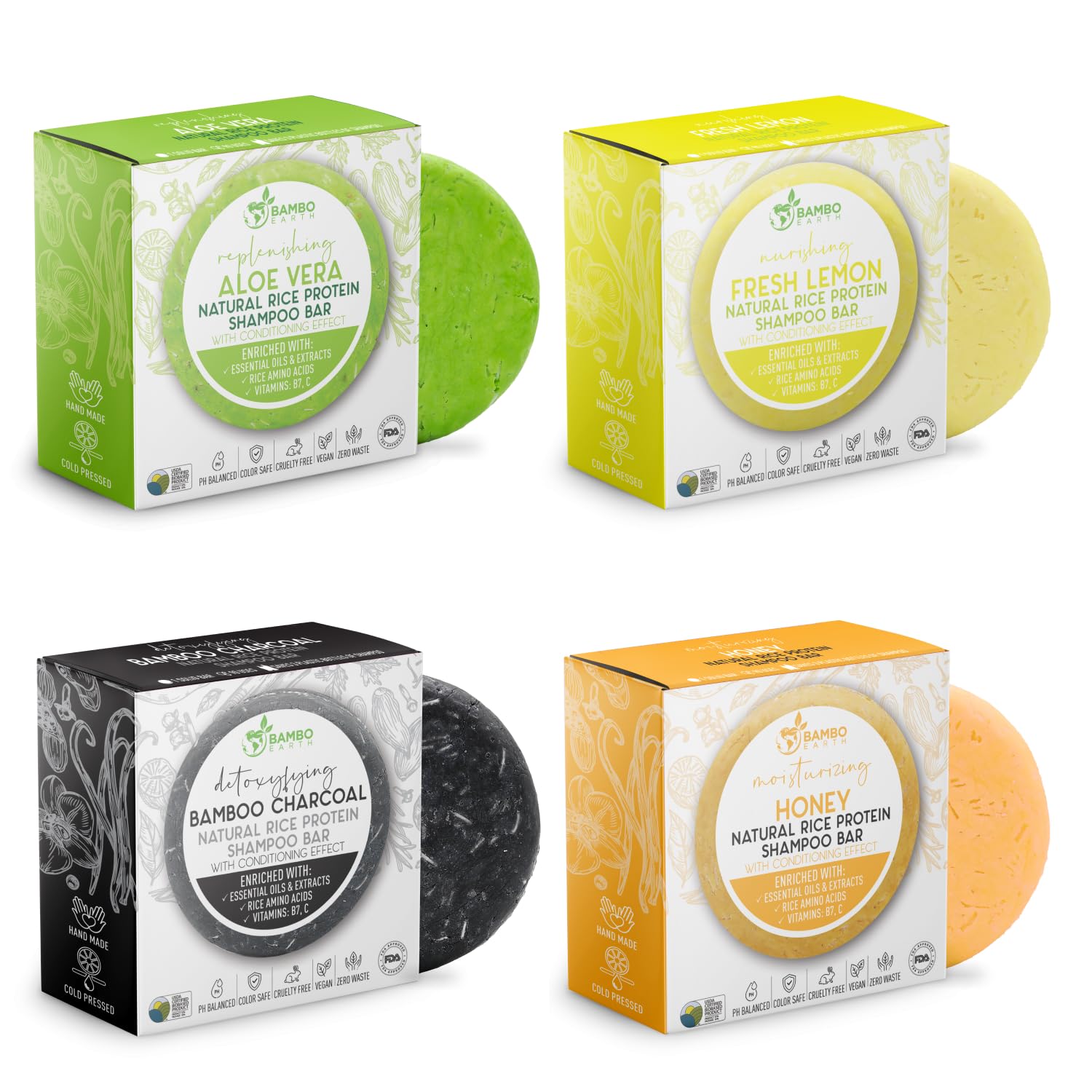 Natural Solid Rice Protein Shampoo Bar with Conditioner - Vegan, Zero Waste Hair Soap with Plant-Based Essential Oils | 4-Pack Detox Bundle for Healthy Hair Care at Home & Travel