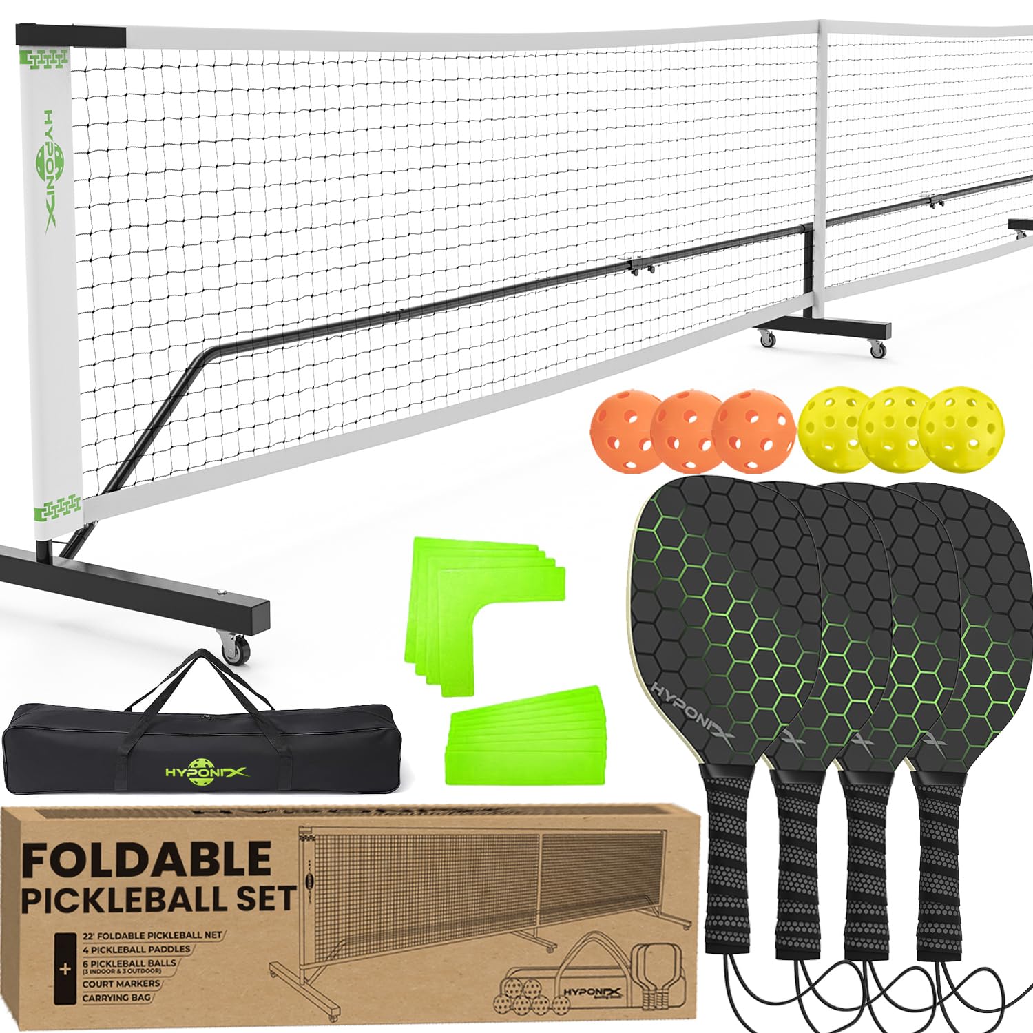 Portable Foldable Pickleball Set with Net, Wheels, Paddles & Balls - Easy Storage Outdoor Pickleball Equipment for Driveway, Backyard & Park - Perfect for Family Games, Tournaments & Outdoor Activities
