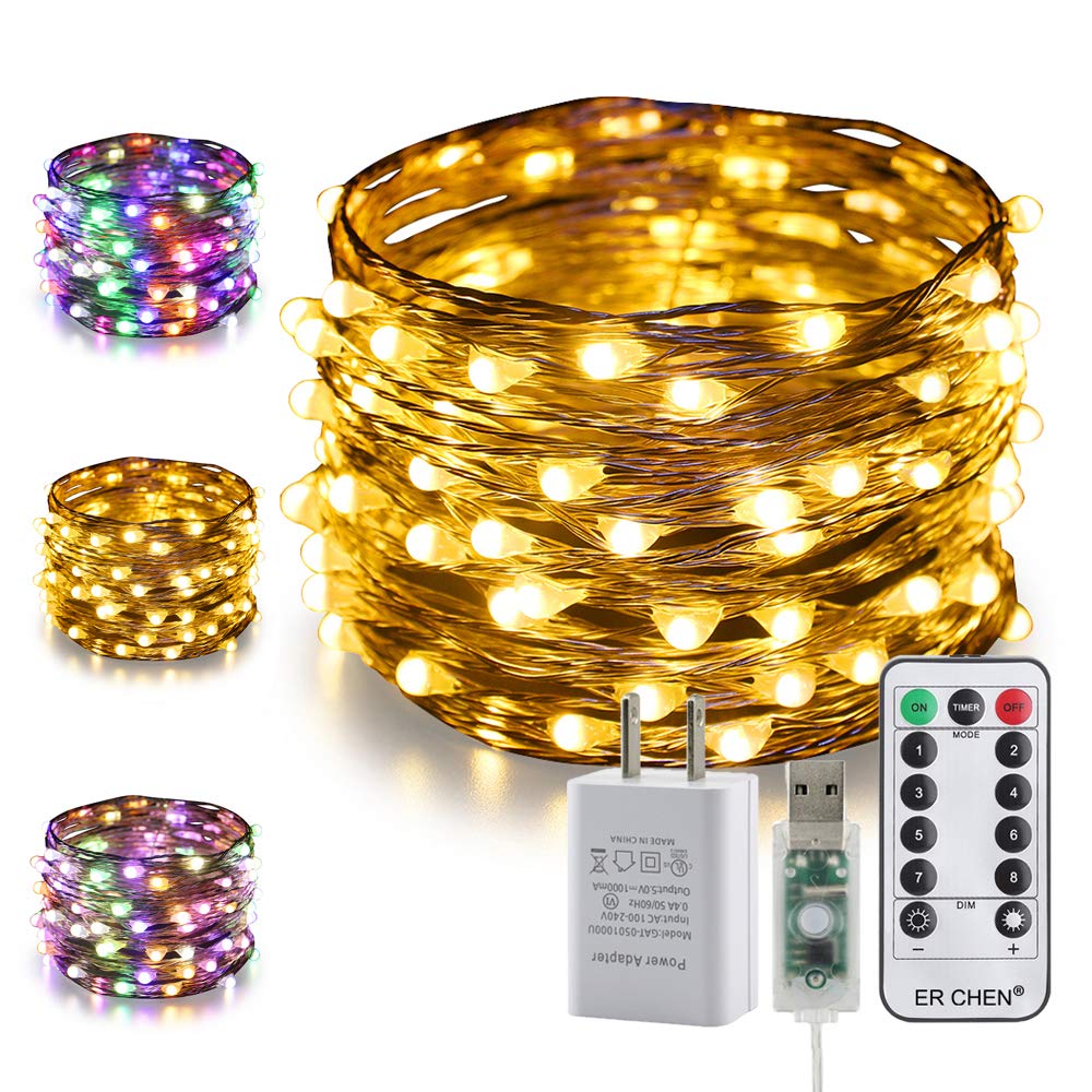 100 LED USB Fairy Lights Plug In - 33ft Silver Coated Copper Wire with Remote & Timer, 8 Modes (Warm White & Multi-Color) + UL Adapter - Perfect for Bedroom Decor, Patio Lighting, Wedding & Party Decorations