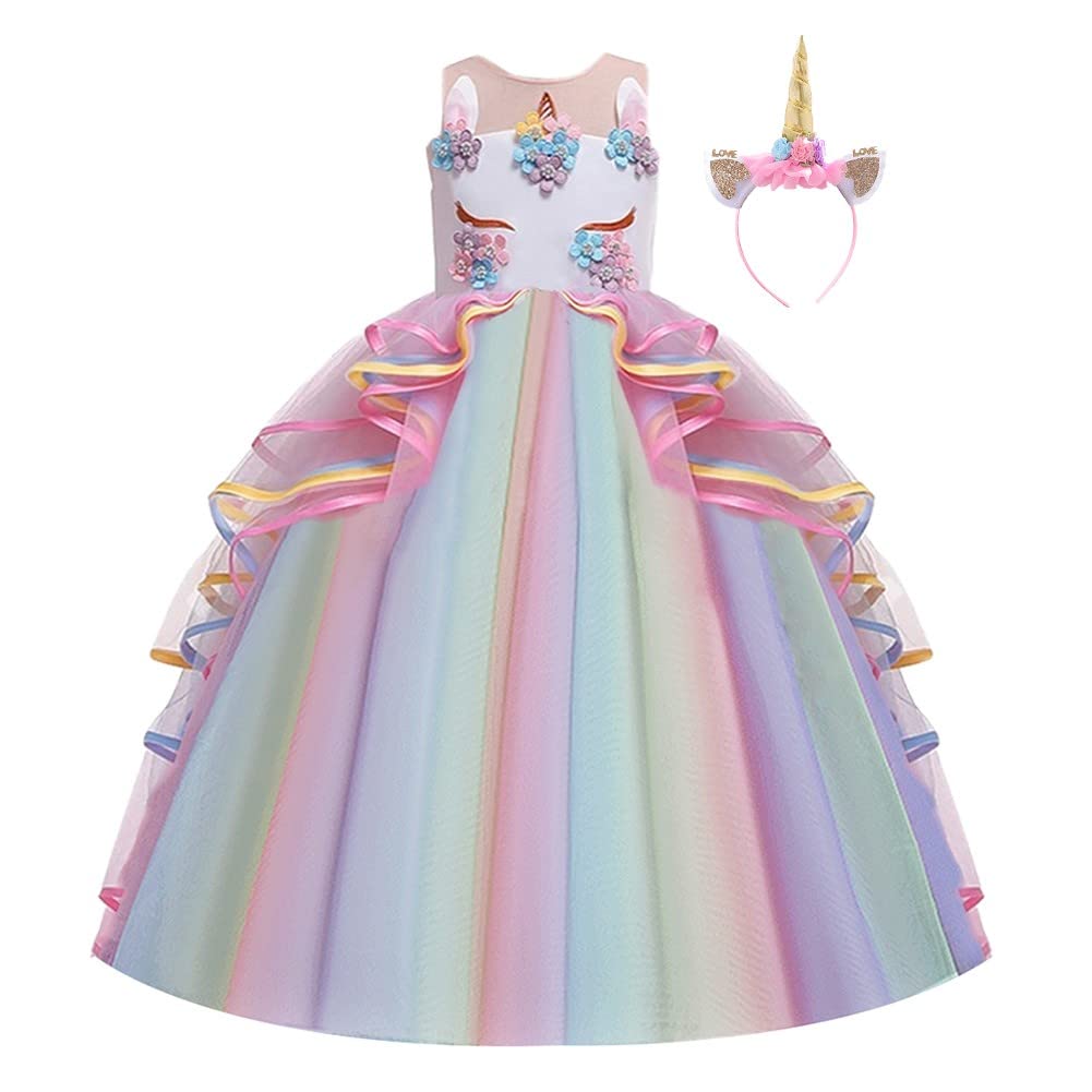 Unicorn Princess Dress for Girls - Sleeveless Birthday Party, Wedding, Christmas, Halloween & Carnival Costume with Headband - Perfect for Dress-Up, Role Play & Special Occasions