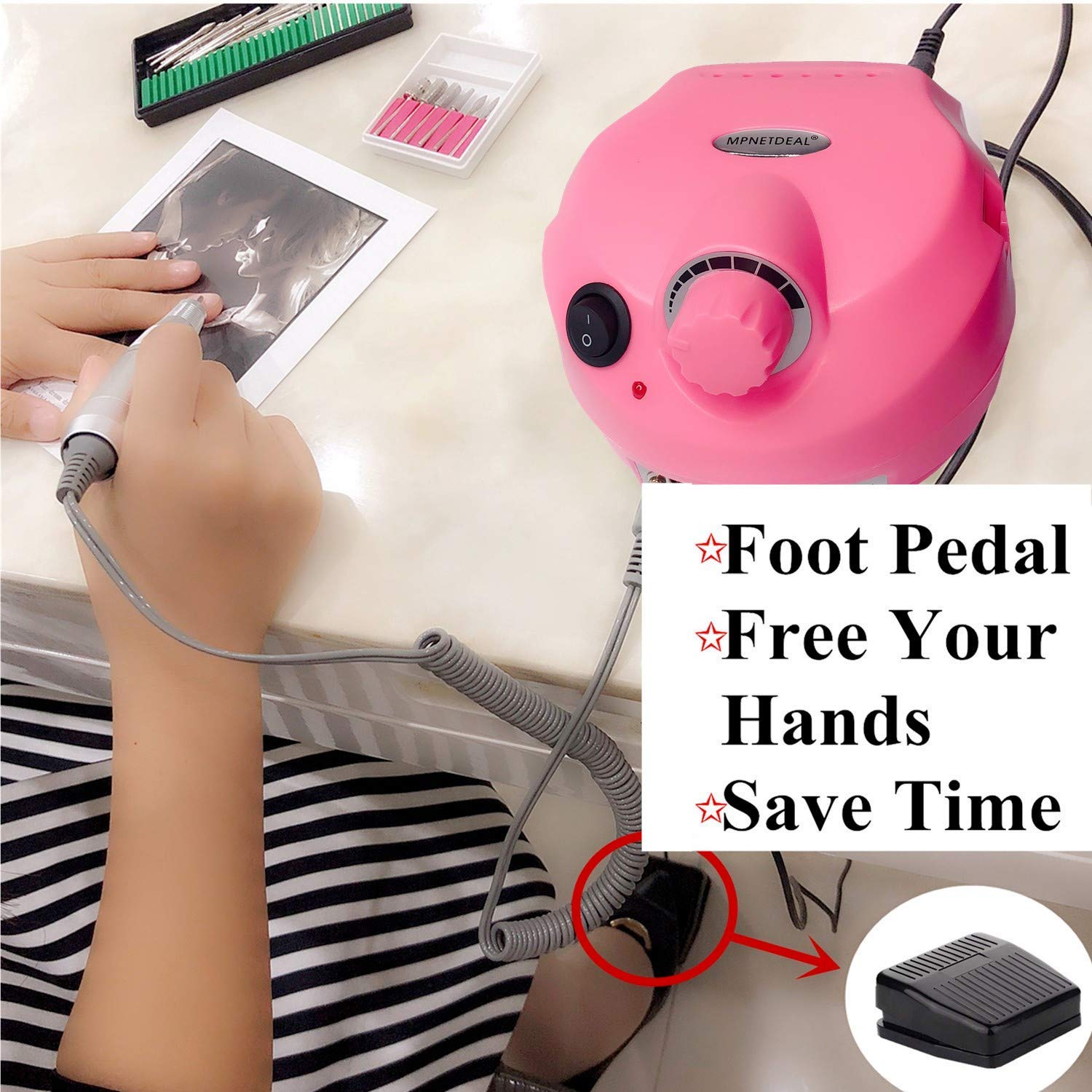 Professional Electric Nail Drill Machine 30000RPM - Efile Manicure Pedicure Tool with Foot Pedal for Acrylic, Gel & Natural Nails | Perfect for Home Use & Salon (Pink) | DIY Nail Art, French Tips & Nail Extensions
