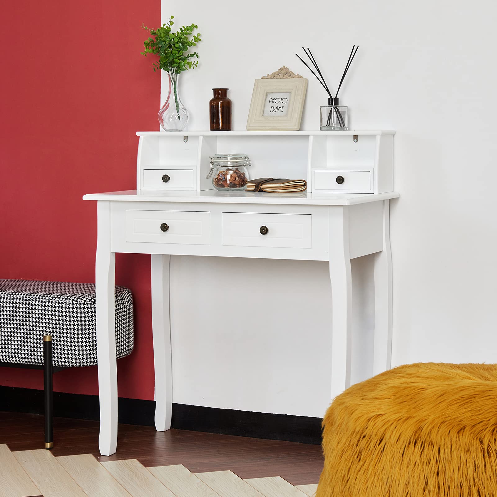 VEAREAR Modern Computer Desk with Storage Drawers - Space Saving Home Office Writing Desk & Study Table for Small Spaces - Compact Design for Bedroom, Living Room, or Dorm Room - Perfect for Remote Work, Online Learning & Home Organization - White