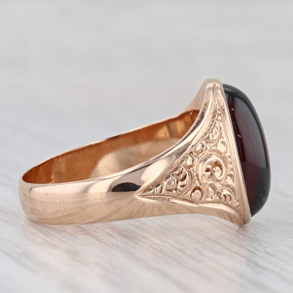 Antique 10k Rose Gold Garnet Ring - Hand Engraved Ornate Oval Cabochon Solitaire Jewelry for Women | Vintage Style Engagement, Wedding, Anniversary Gift