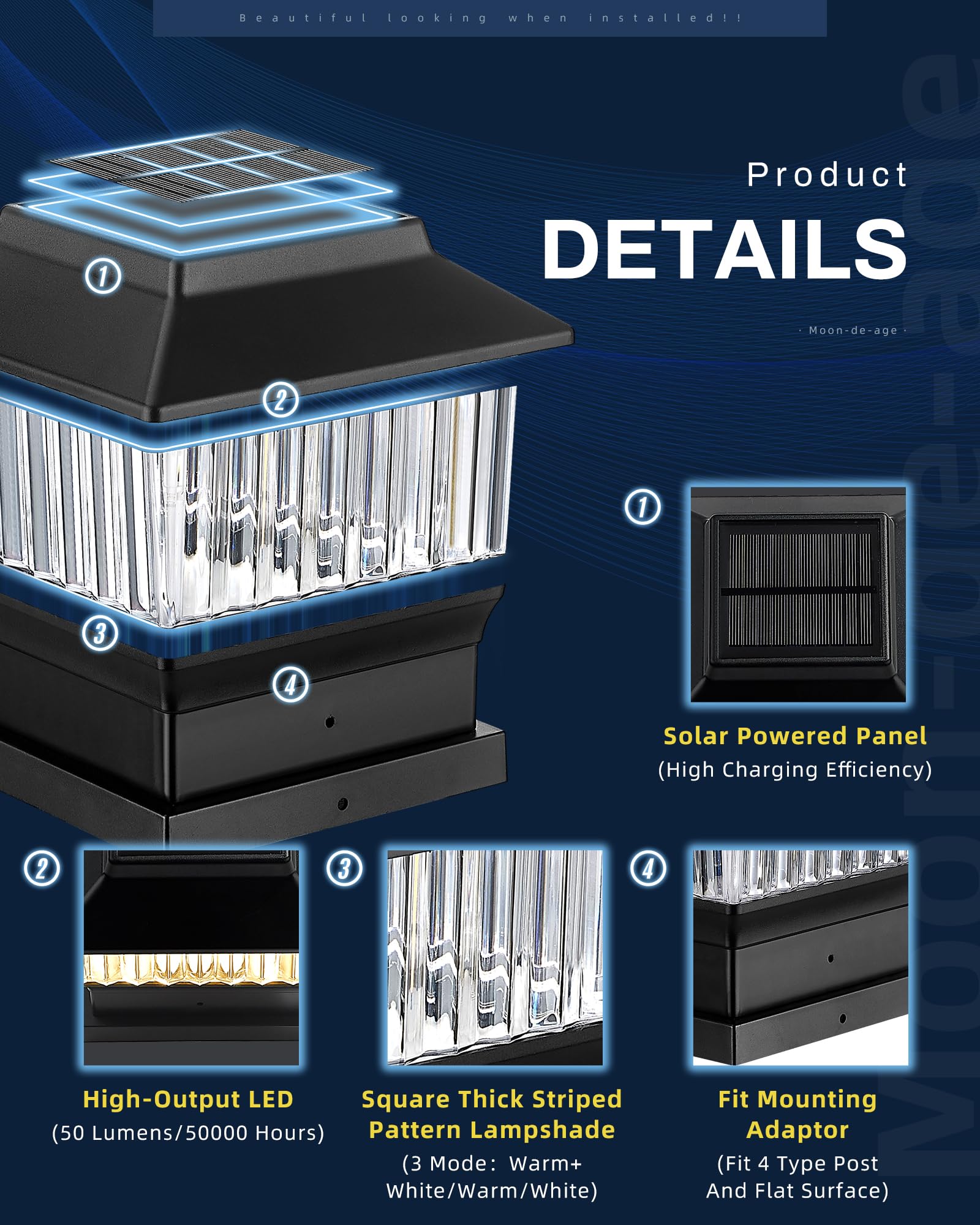 50 Lumen Solar Post Lights - 3 Modes Outdoor Deck Fence Cap Lights (4x4/3.5x3.5/4.5x4.5/5.5x5.5) - Waterproof LED Landscape Lighting for Patio, Garden & Yard Decoration (6 Pack, Black) - Perfect for Pathway, Driveway & Backyard Illumination