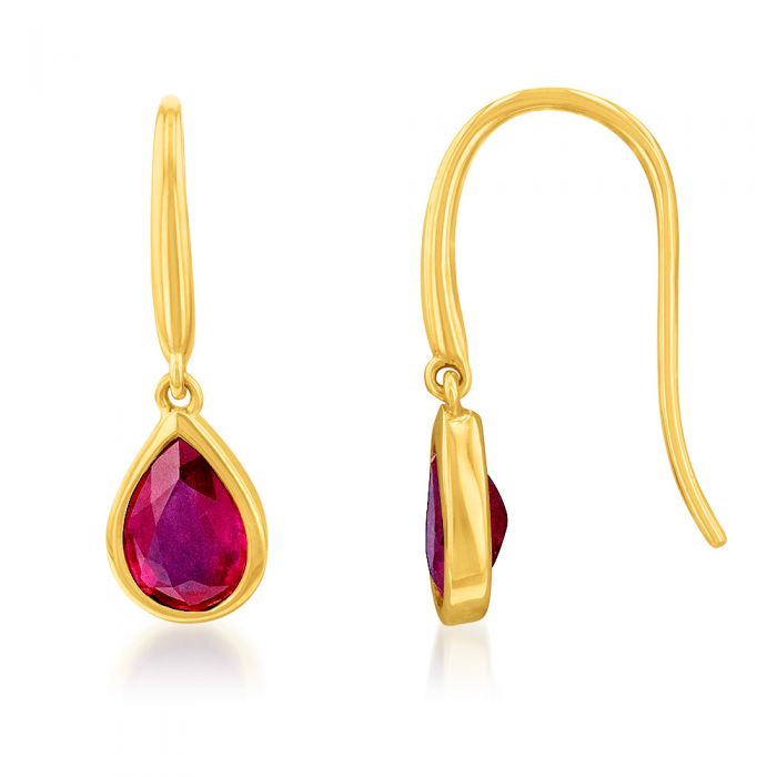 9ct Yellow Gold 2.00ct Natural Enhanced Ruby Pear Drop Earrings for Women - Elegant Dangle Earrings for Wedding, Party & Special Occasions