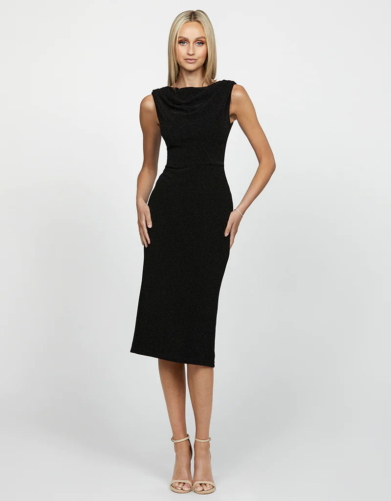 Calypso Cowled Boat Neck Midi Dress - Elegant Women's Knit Sweater Dress for Fall & Winter | Perfect for Office, Date Night & Holiday Parties