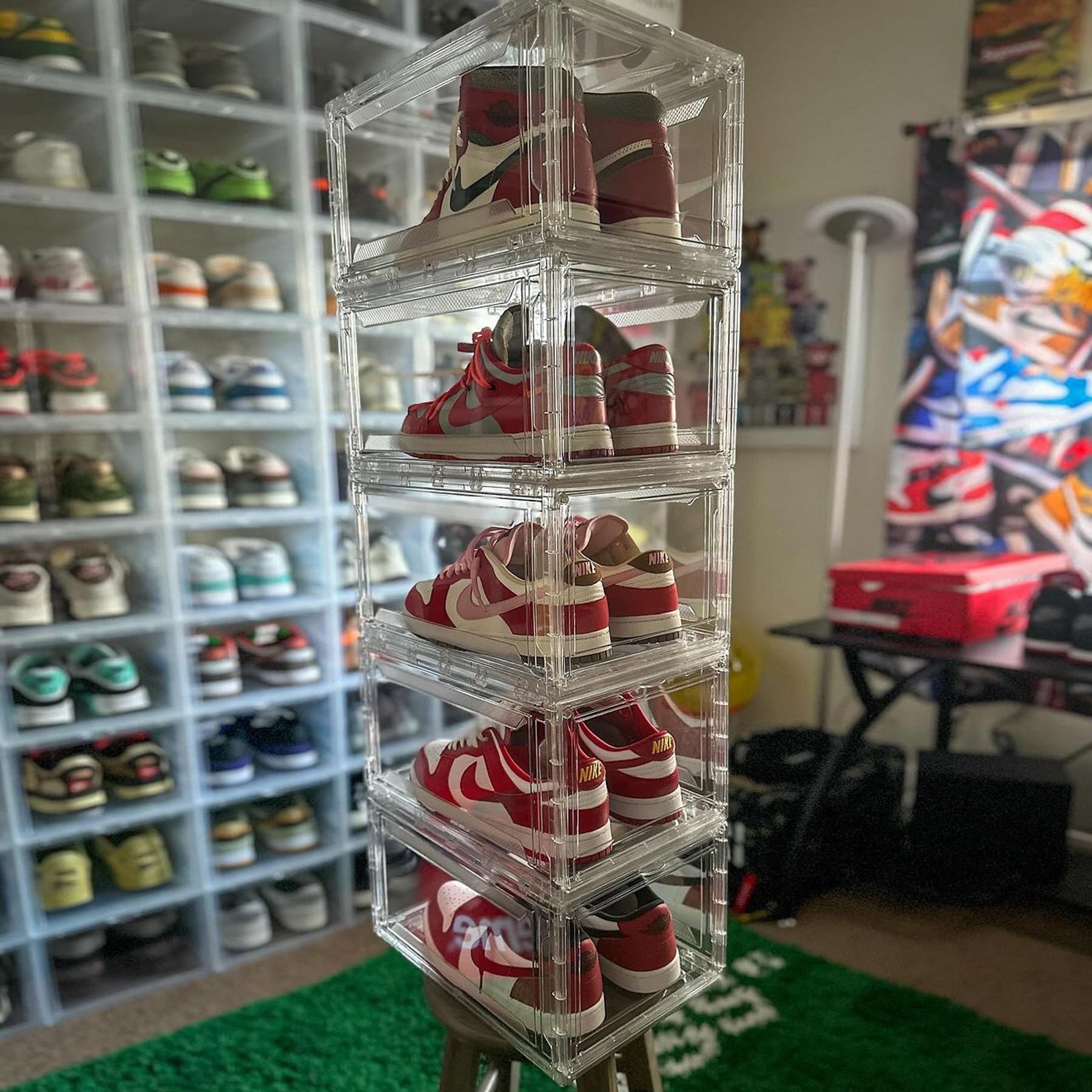 12 Pack Clear Acrylic Plastic Shoe Storage Boxes - Stackable, Foldable Drop Front Design with Lids - Fits Up to Size 15 Shoes - Space Saving Organizer for Closet, Bedroom & Entryway (Transparent)