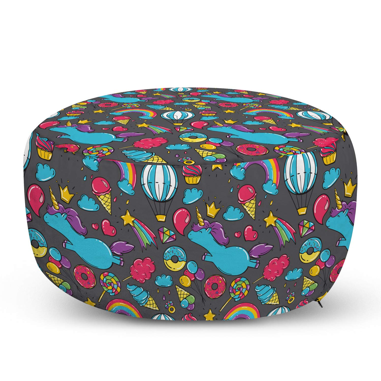 Ambesonne Unicorn Ottoman Pouf - Fantasy Cartoon Design with Rainbows, Clouds & Hot Air Balloons - Soft Cotton Foot Rest with Removable Cover for Living Room & Bedroom Decor - Perfect for Kids' Playroom, Nursery or Cozy Reading Nook - Multicolor