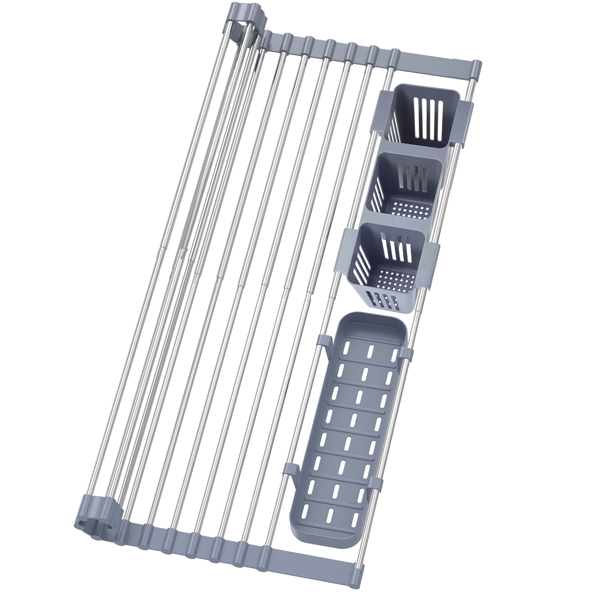 Expandable Roll Up Dish Drying Rack - Extends to 22.8 Inches with 2 Storage Baskets | Over The Sink Kitchen Drainer | Foldable & Rollable Design for Dishes, Cups, Fruits & Utensils | Perfect for Small Spaces & Apartment Living