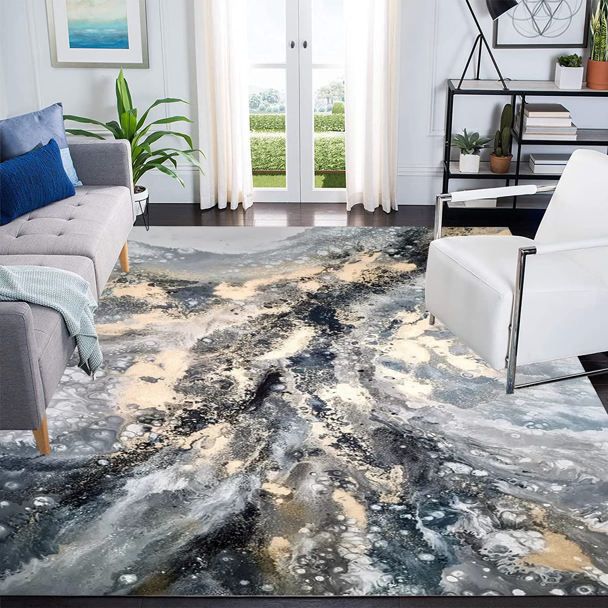 Grey Gold Marble Abstract Area Rug 5x7 - Vintage Modern Washable Non-Slip Rug for Living Room, Bedroom, Dining Room, Home Office, Playroom & Kitchen - Soft Luxurious Floor Carpet for Cozy Home Decor