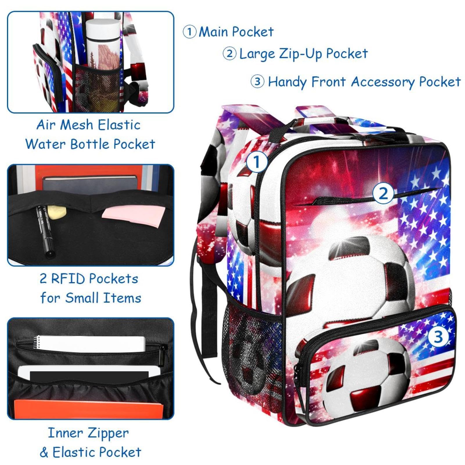 Stylish Travel Backpacks for Women & Men - Durable American Flag Design with Football Print - Perfect for School, Work, Gym & Outdoor Adventures