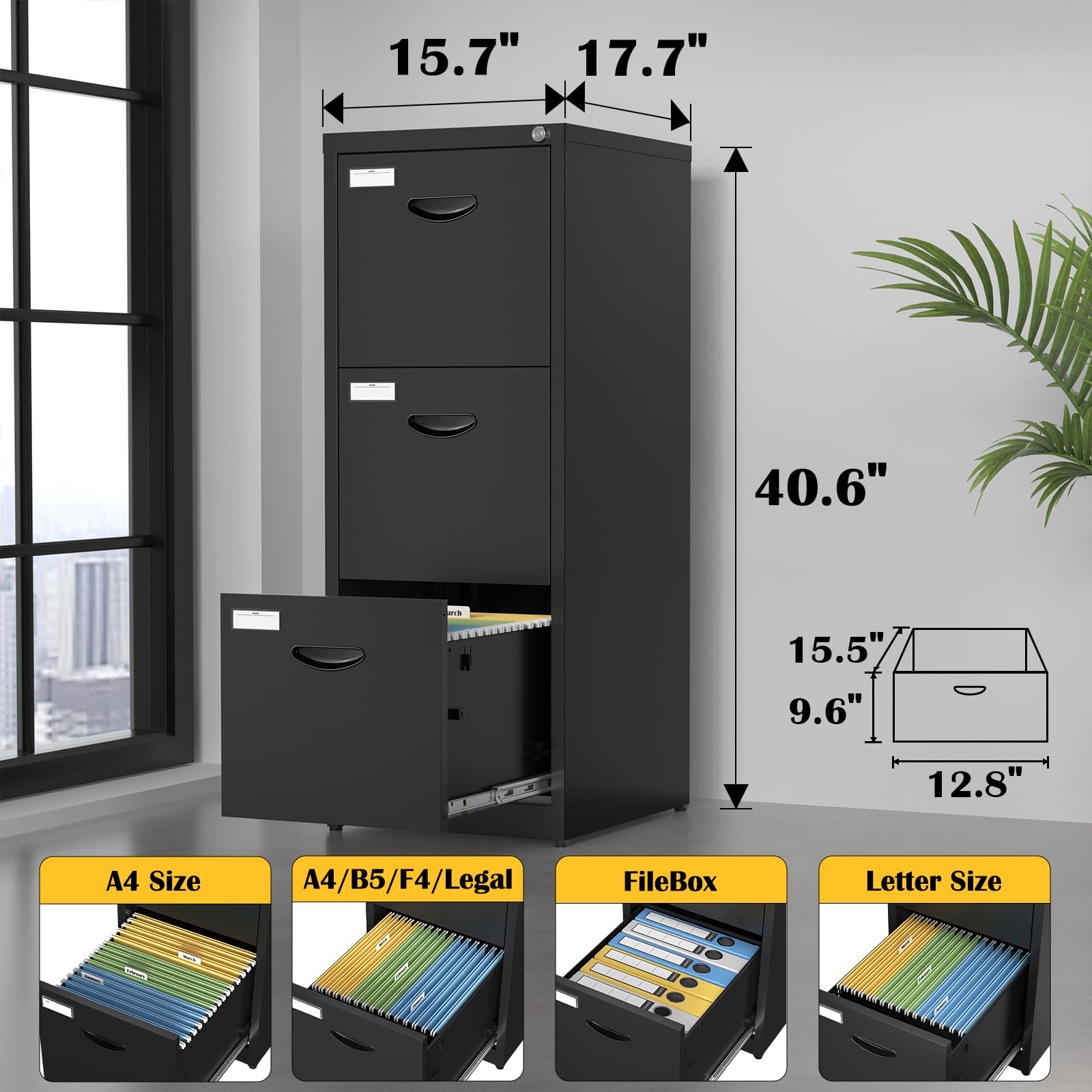 Black 3-Drawer Metal File Cabinet with Lock - Vertical Hanging Letter/Legal Folder Storage for Home Office - Easy Assembly Filing Cabinet for Documents & Records Organization