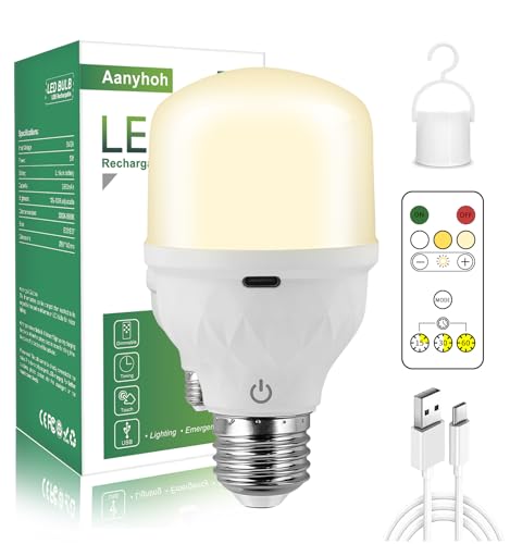 USB Rechargeable LED Light Bulbs with Remote Control - 5W Battery Powered E26 Base Bulb, Dimmable Touch Control for Lamps - Portable Emergency Lighting with Timer for Home, Camping, Power Outages & Outdoor Activities