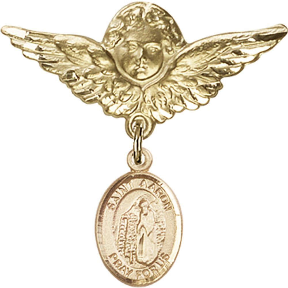 St. Aaron Gold Filled Baby Badge Pin with Angel Charm - 1 1/8 Inch Religious Jewelry for Christening, Baptism & First Communion Gifts