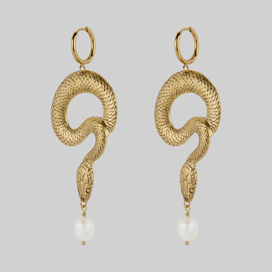Serpentine Sea Snake & Pearl Hoop Earrings - 14K Gold Jewelry for Women, Elegant Dangle Earrings for Party, Wedding & Evening Wear